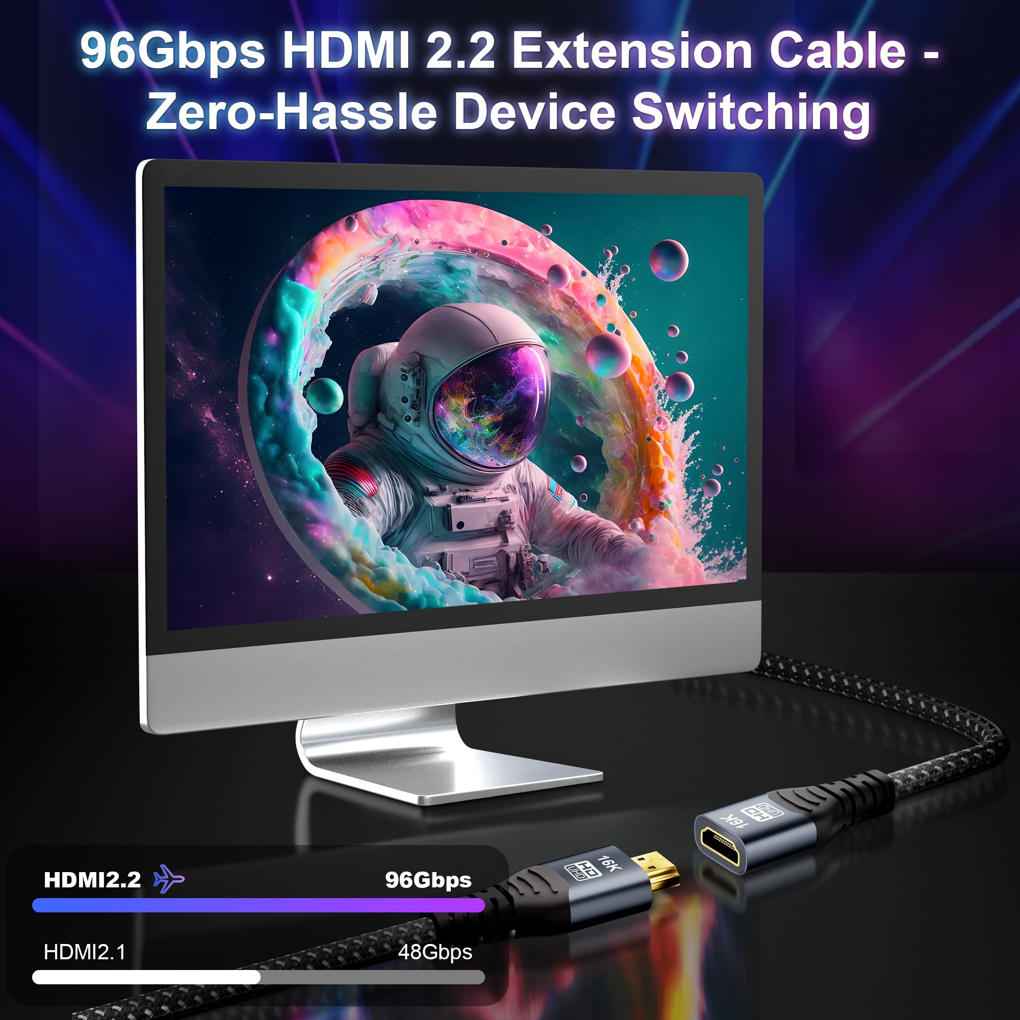 CAKOBLE HDMI 2.2 Przedłużacz | Przedłużacz HDMI Męsko-Żeński (Wtyk-Gniazdo) | 96Gbps Ultra Szybki, 16K@60Hz, 8K@240Hz, 4K@480Hz | eARC, HDR10+, HDCP 2.2&2.3, Dolby Vision/Atmos (2m+2m)