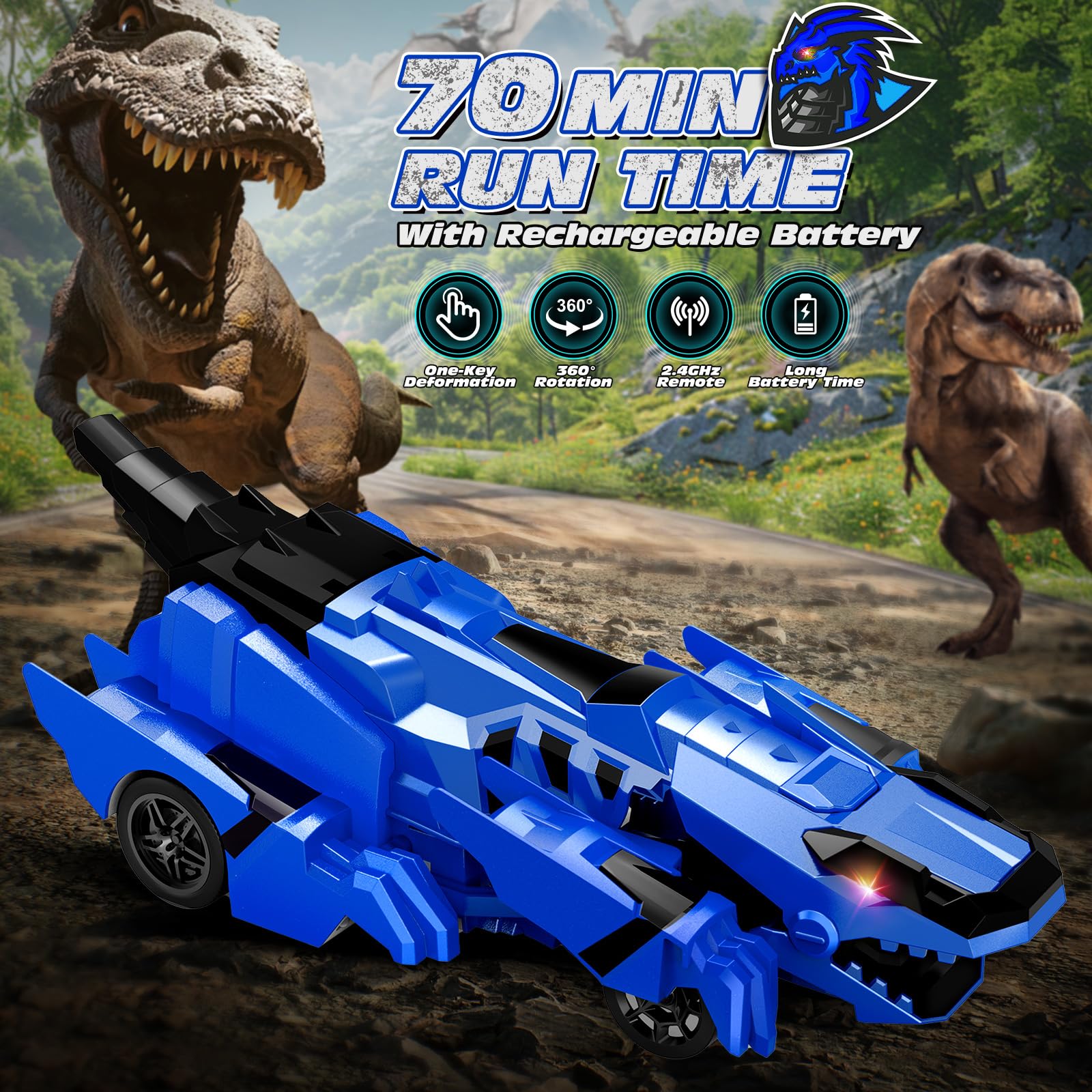 Tecnock 2025 Rechargeable Dinosaur Remote Control Car 2.4GHz One Button Transformation 360 °Rotation Robot Car Toy with LED Lights Toy Gift for Age 4-12 Boys/Girls Blue - Image 4