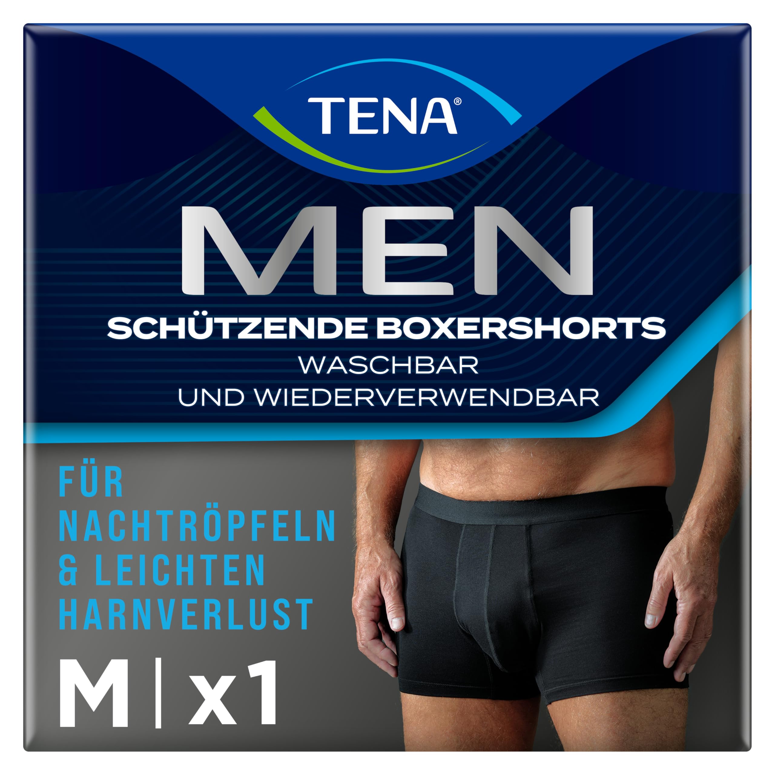 TENA Boxershorts Schützende Inkontinenz, Schwarz, Größe L, Waschbar und Wiederverwendbar