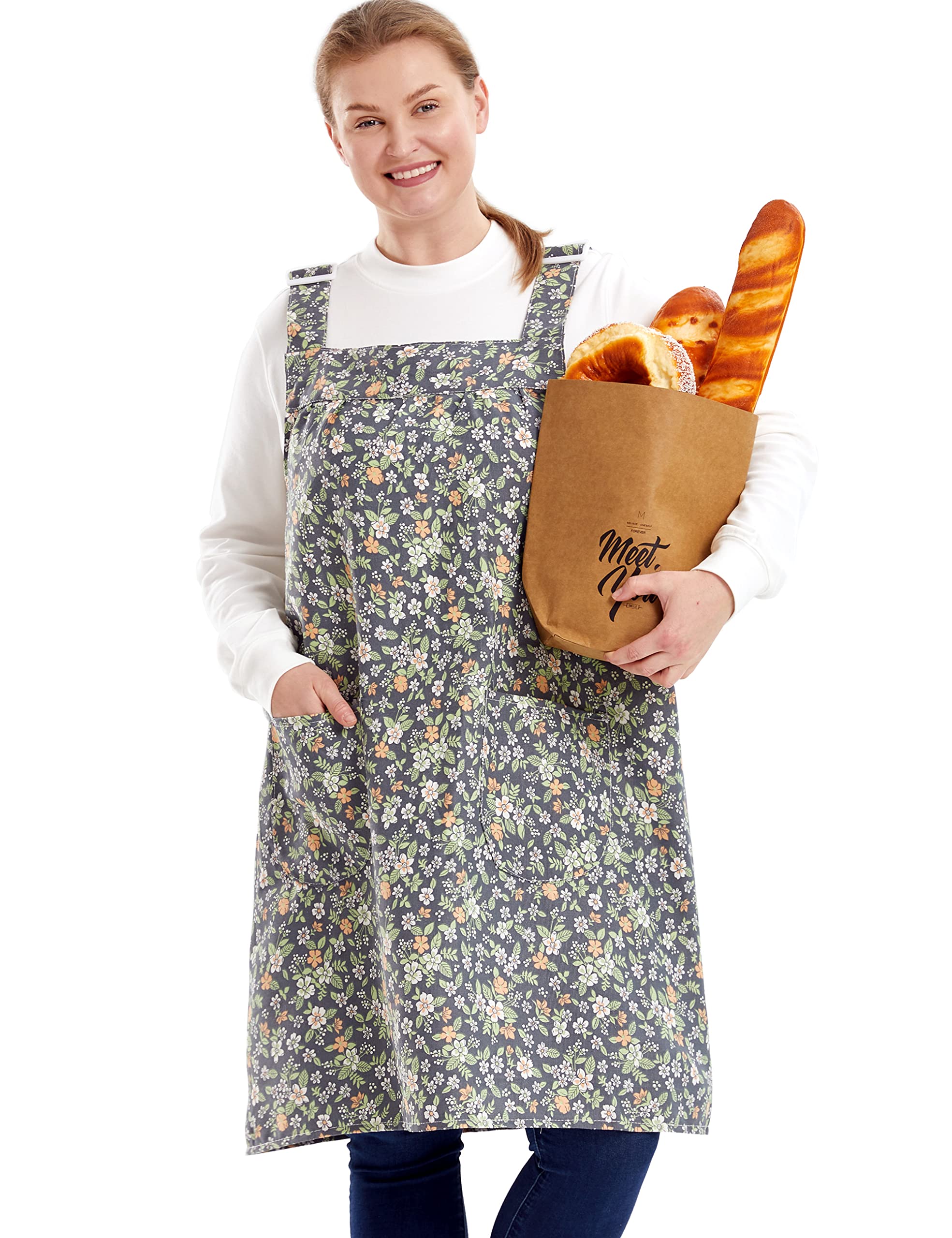 APRONNER No Ties Plus Size Aprons for Women with Pockets Cotton Linen Baking Kitchen Cooking, Pastoral Style, XXXL