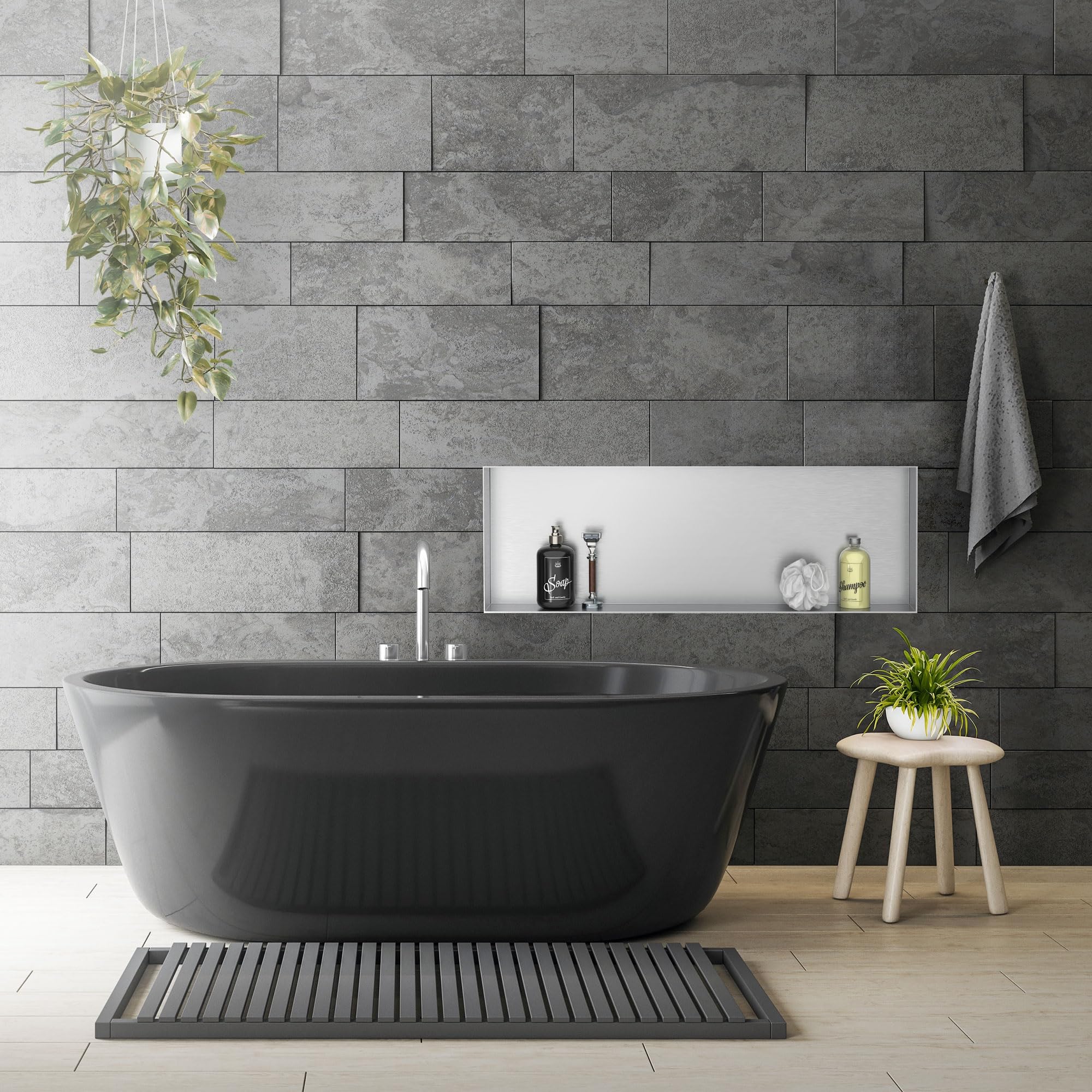 LuxeBath Niche de Douche Encastrée Murale, 90x30x10 cm, en Acier Inoxydable, Argent, sans Rebord, Étagère Encastrable Salle de Bain, Seule Couche, Rangement Articles Toilette, avec Matériel Montage
