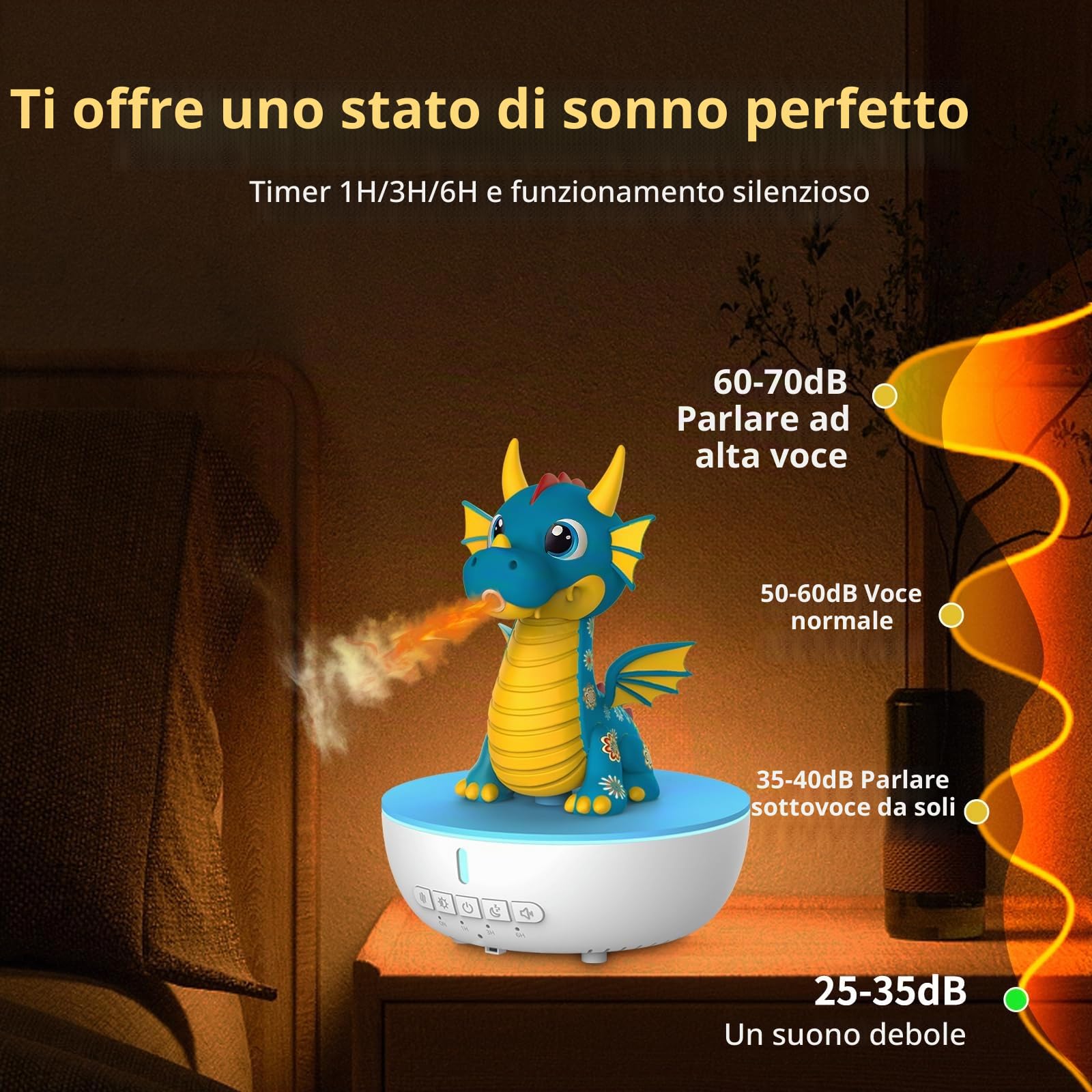 Diffusore Aromi con Suono Bianco, Umidificatore 200 ml con Telecomando e Timer 1/3/6h, Diffusore di Oli Essenziali per Camera da Letto,Drago Sputafuoco - Umidificatore Ambiente Bambini (Blu)