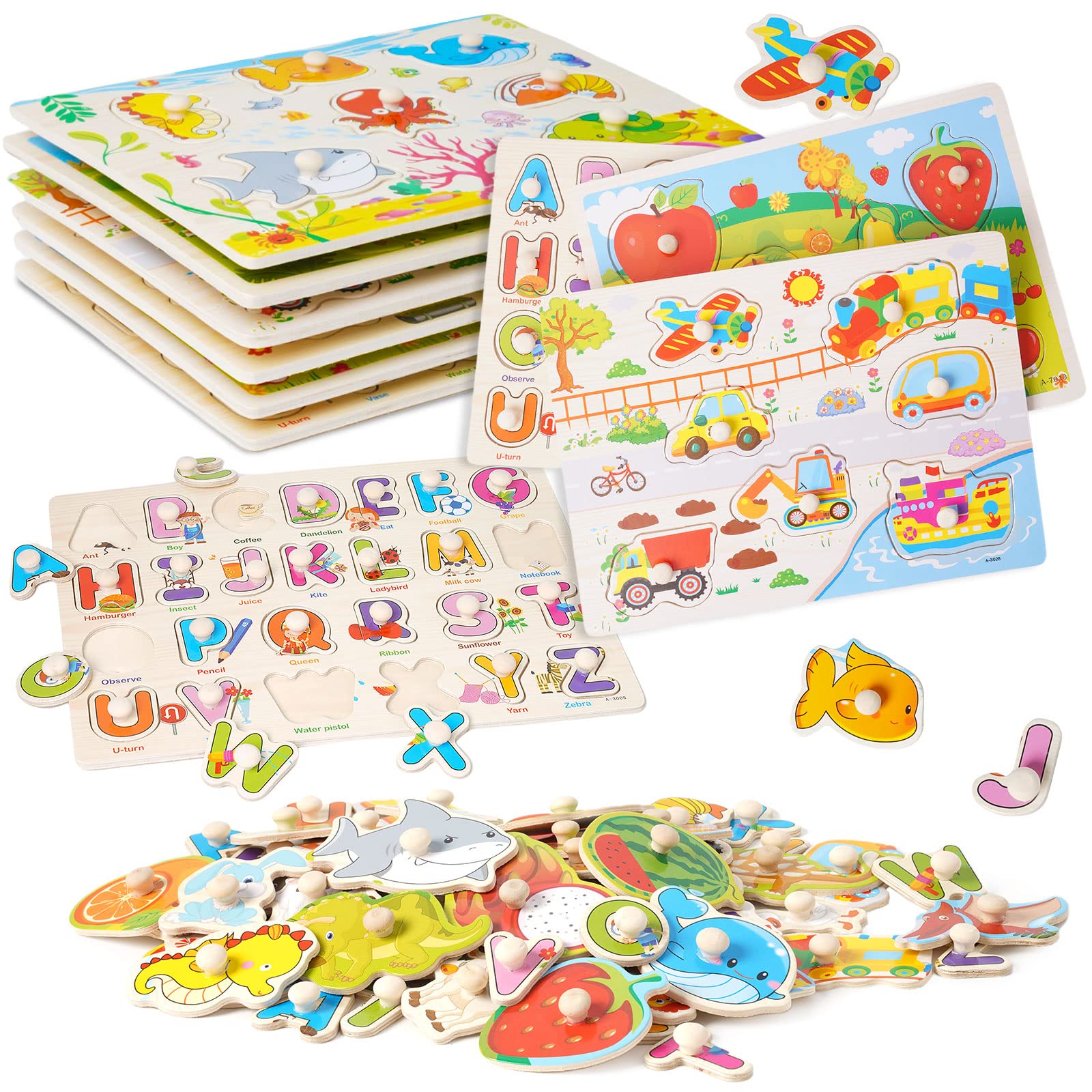 6 Puzzle di legno incorporato puzzle educativo giocattolo montessori fattoria puzzle, trasporto, alfabeto, insetti, animali marini, dinosauro ragazzo e ragazza regalo 1 2 3 4 anni
