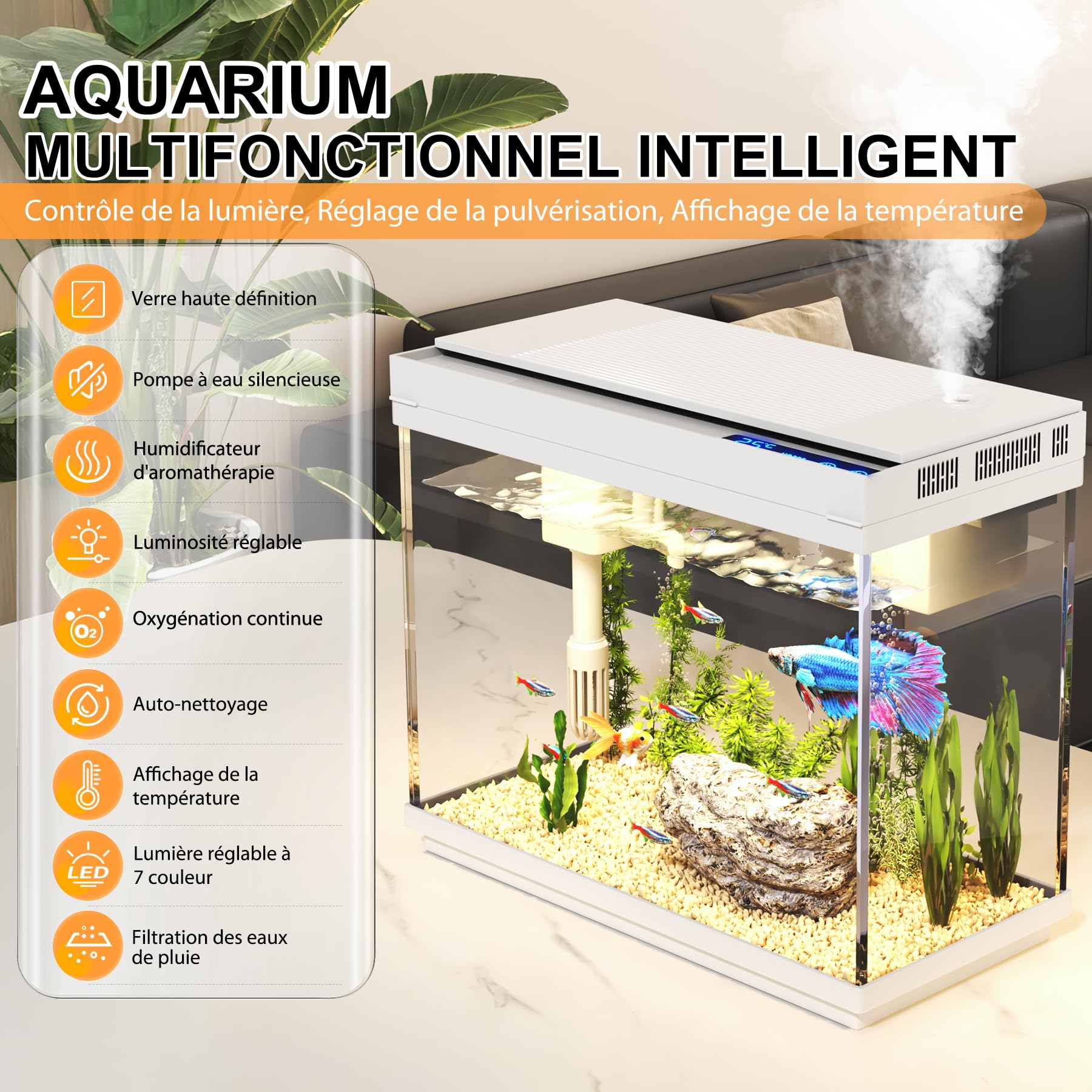 Vehipa Aquarium - Petit Aquarium 9L avec Humidificateur Intelligent, Système D'autocirculation 3 en 1, Affichage de la Température, éclairage 7 Couleurs, écran UHD