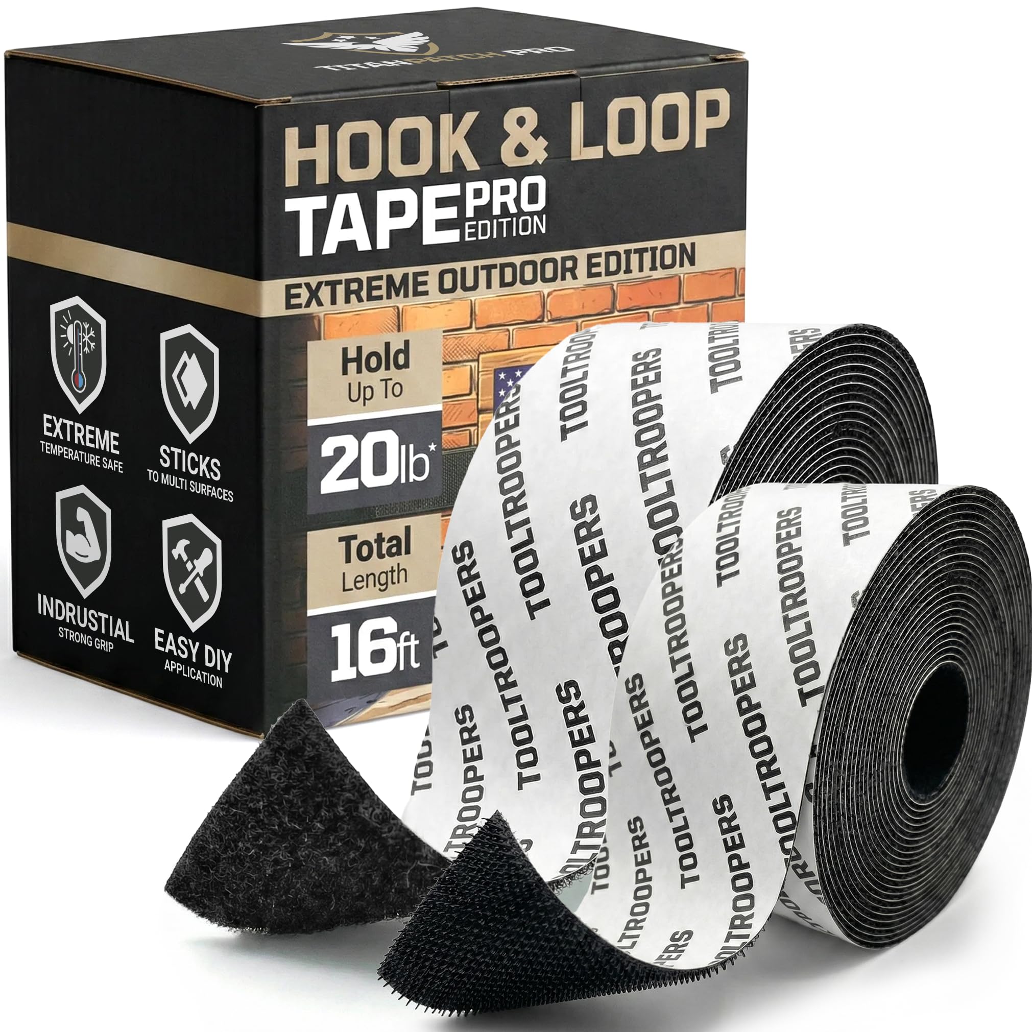 TOOLTROOPERS Cinta de montaje de gancho y bucle resistente, diseñada para uso extremo en exteriores con adhesivo extrafuerte, UV y resistente a la intemperie, soporta hasta 20 libras en ladrillo