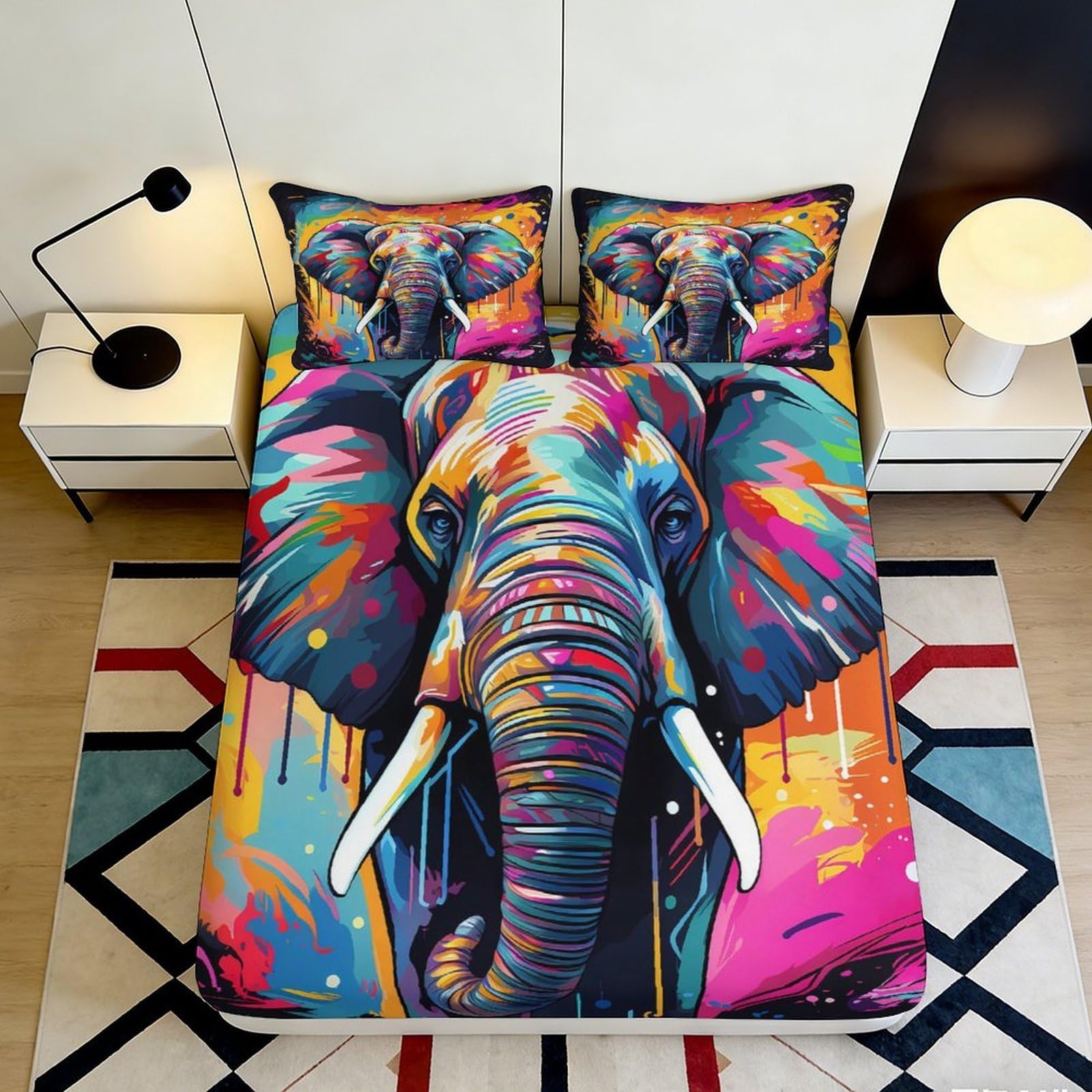 3D Printed Colorful Elephant Fitted Sheet Microfiber Soft Decorative Abstract Art Bed Sheet for Bedroom Dorm Guestroom 90x200x25cm