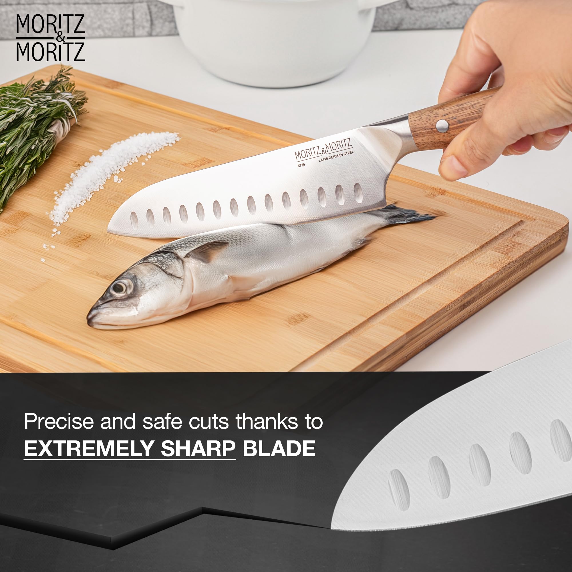 Moritz & Moritz Santoku knife 18 cm - Professional chef's knife Japanese style with extra sharp blade - kitchen knife for meat, sushi etc. - Ergonomic acacia wood handle - German knife