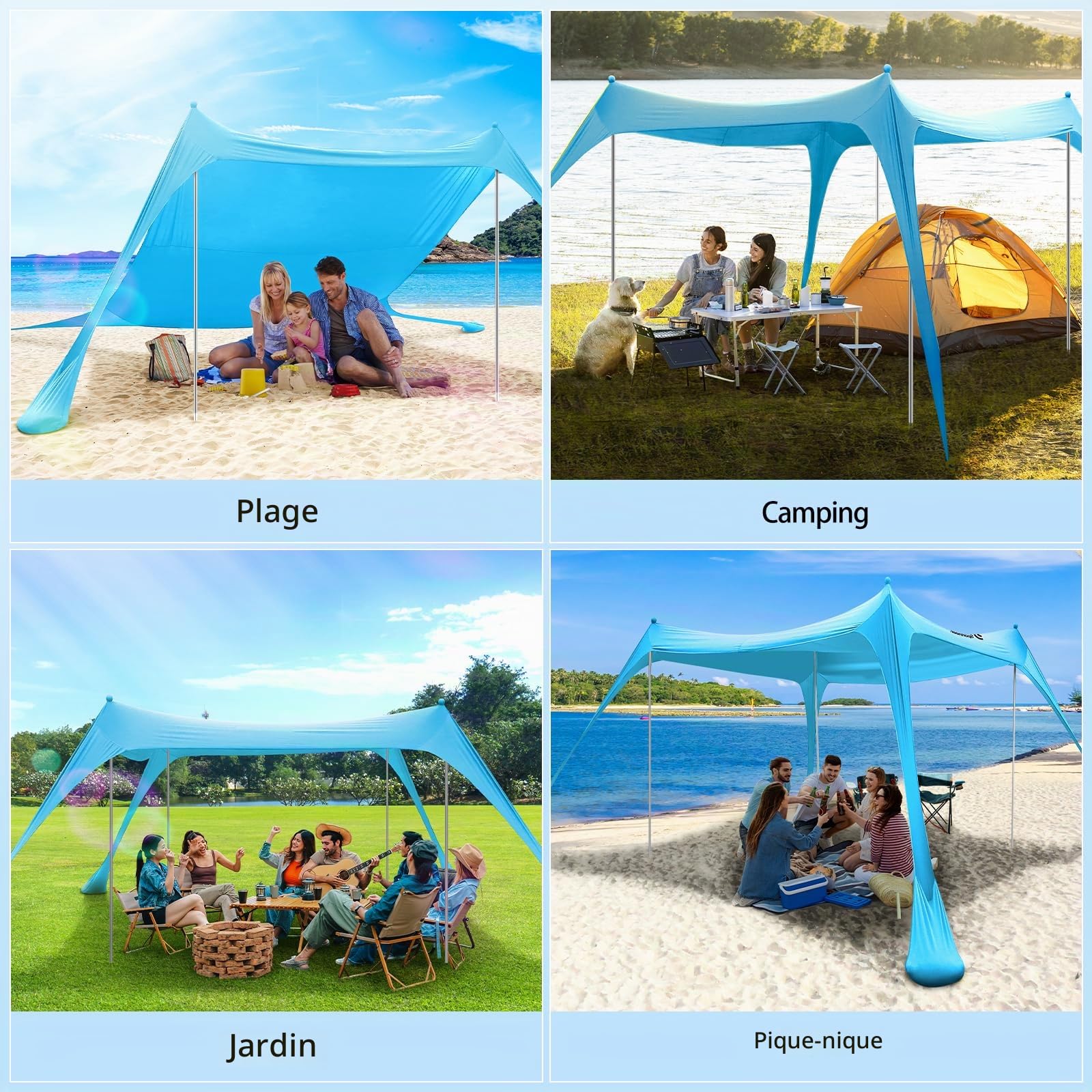 Sportneer Tente de Plage UPF50+ de 3 m avec 4 poteaux de stabilité, Pelle à Sable et piquets de Sol, Pare-Soleil d'extérieur Portable pour Plage, Camping, événements Sportifs, arrière-Cour
