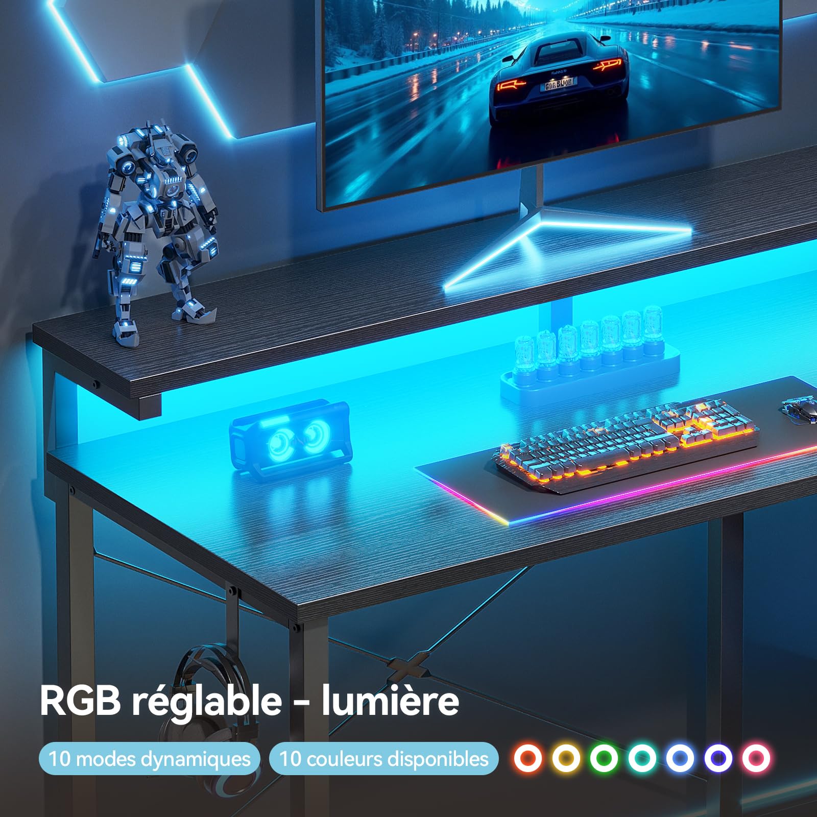 Coleshome Biurko Gaming z LED, 100x45 cm Biurko Komputerowe z Szufladą z Tkaniny i Stojakiem na CPU, Regulowane Małe Biurko z Podstawką pod Monitor i Uchwytem na Słuchawki, do Gier i Biura, Czarny | Biurko gamingowe z szufladami, małe, dwustronne biurko z