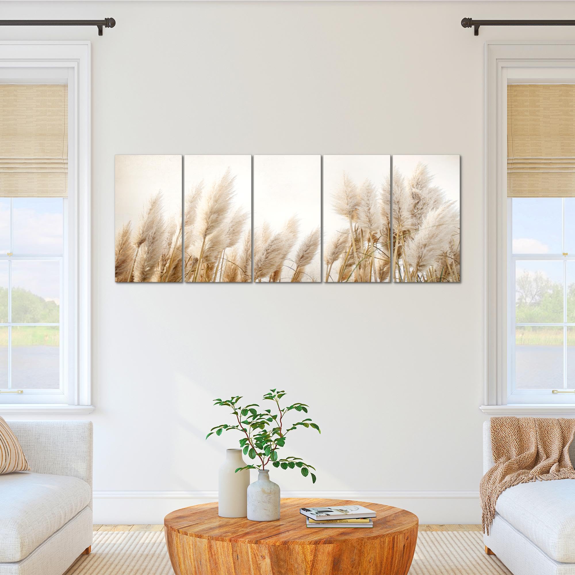 Runa Art Cuadro XXL Boho hierba de la pampa 200 x 80 cm Beige 5 Piezas - Made in Germany - 044455a