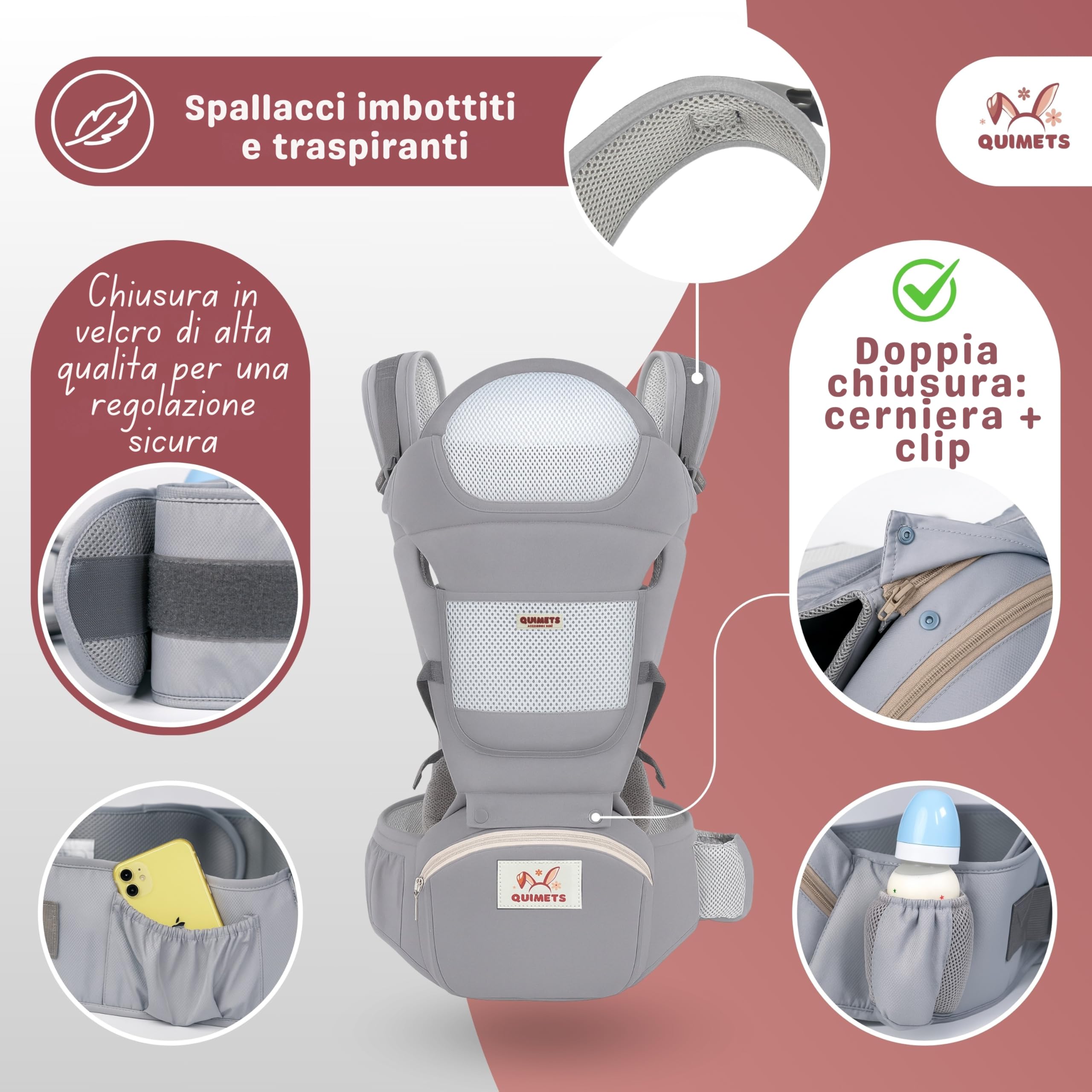 Marsupio neonato 0-36 mesi ergonomico 6 in 1 – Zaino porta bambino regolabile con seduta removibile, supporto lombare, tessuto traspirante e mussola in omaggio