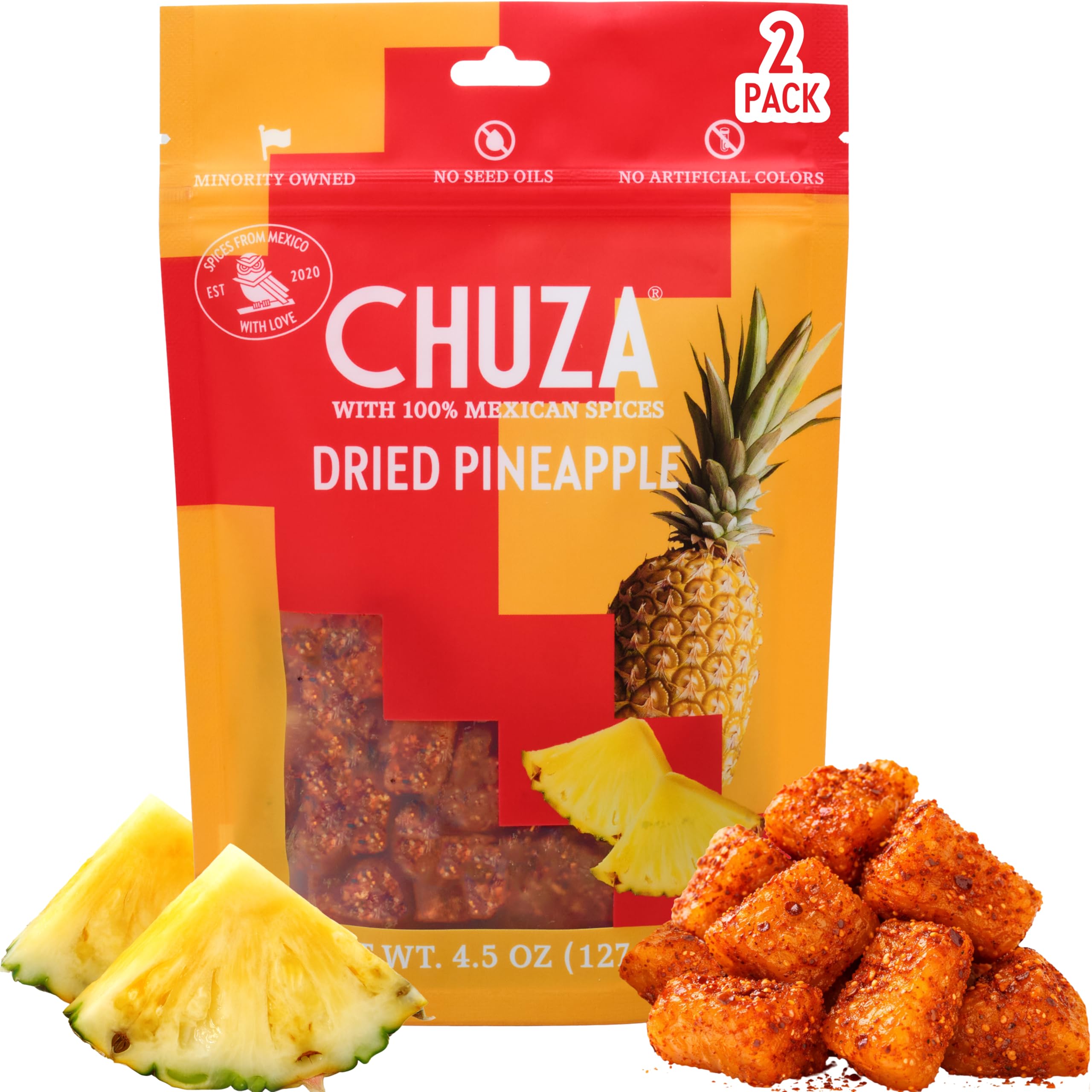 CHUZA Spicy Dried Pineapple Snacks Bites (4.5 oz. Pack of 2) – Mexican Candy Style Sweet Chili Spicy Pineapple Chunks, with Chili Seasoning, Powder,