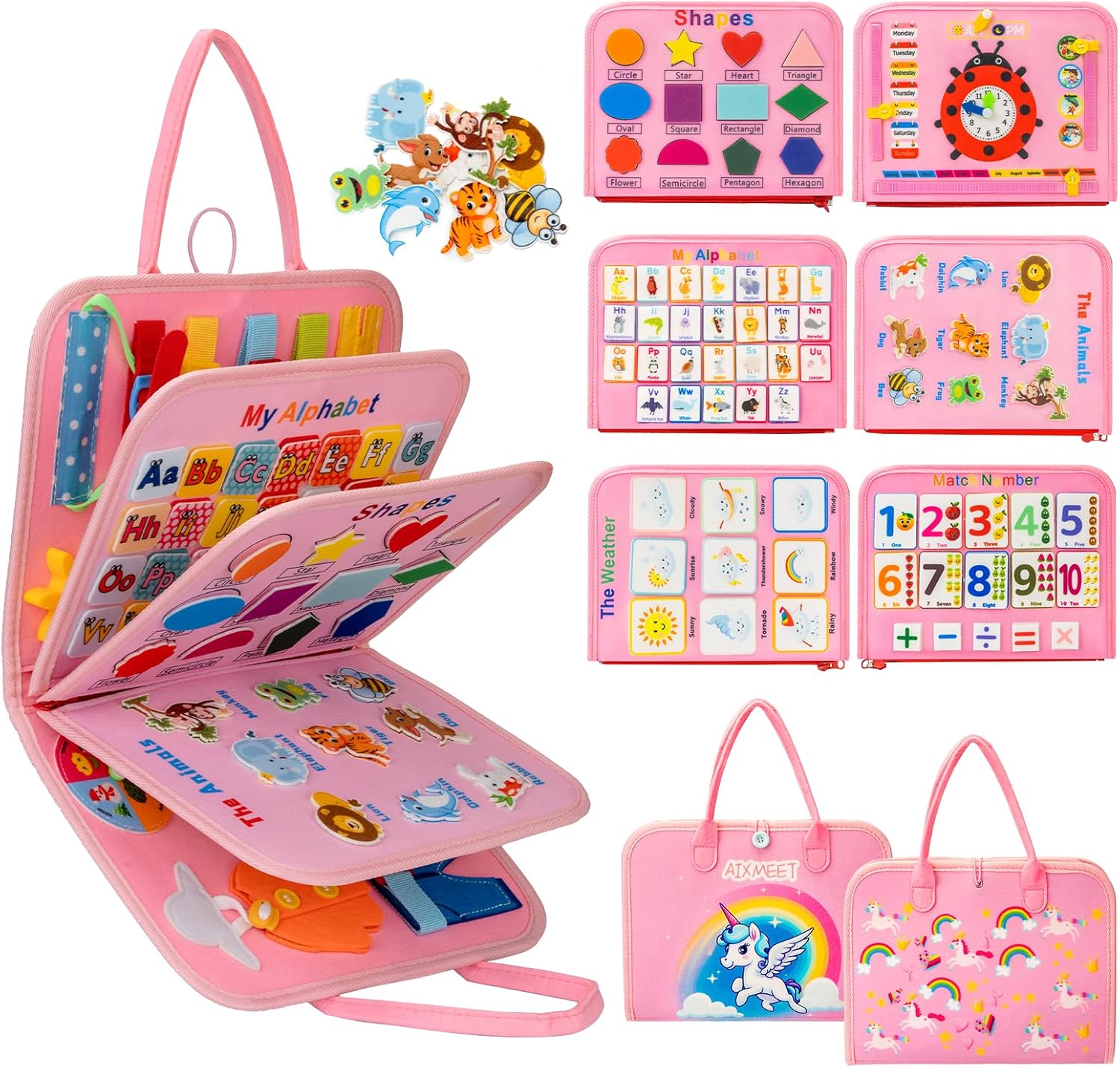 Toddler Busy Board Montessori Toys for 3 4 5 6Year Old, Preschool Learning Activities with Life Skills,ABC,123,Shape,Color,Animal,Weather,Toddler Travel Toys，Educational Activity Developing Sensory