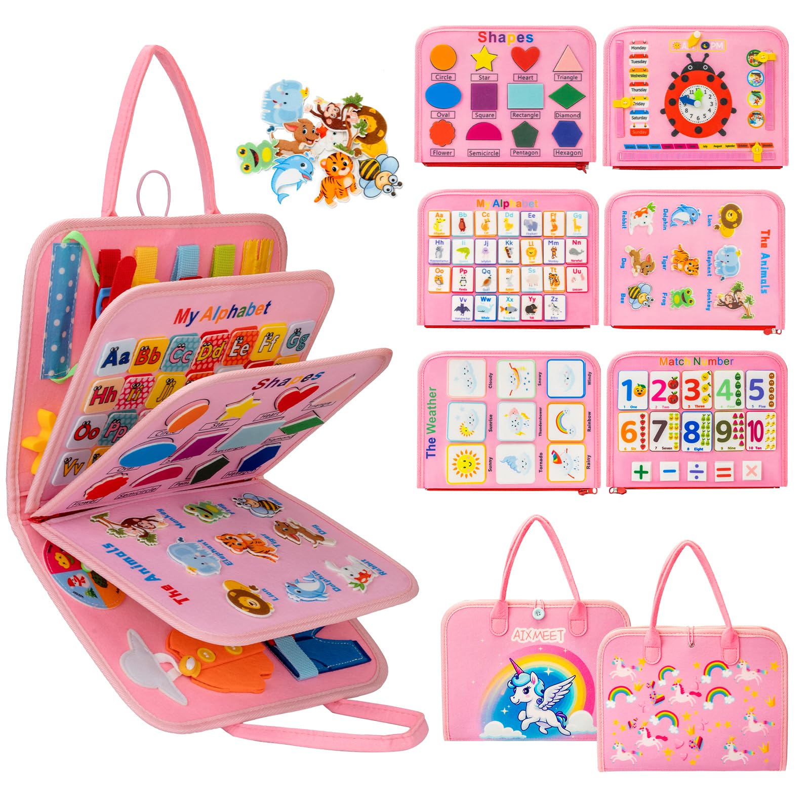 AIXMEET Toddler Busy Board Montessori Toys, Sensory Board Busy Book, Toys for Toddlers 3456 Year Old, Preschool Learning Activities with Life, Shape,Color,Animal,Weather,8 Pages (Pink)