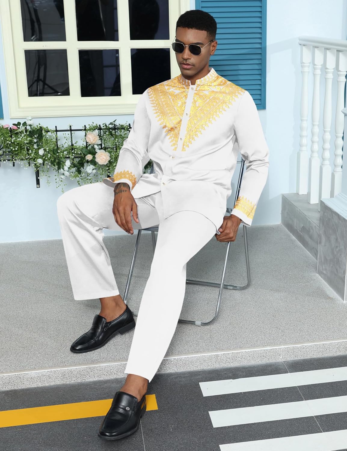 Mens African 2 Piece Set Metallic Traditional Suit Gold Stamp Printed African Dashiki Shirt and Pants Outfit - Image 3