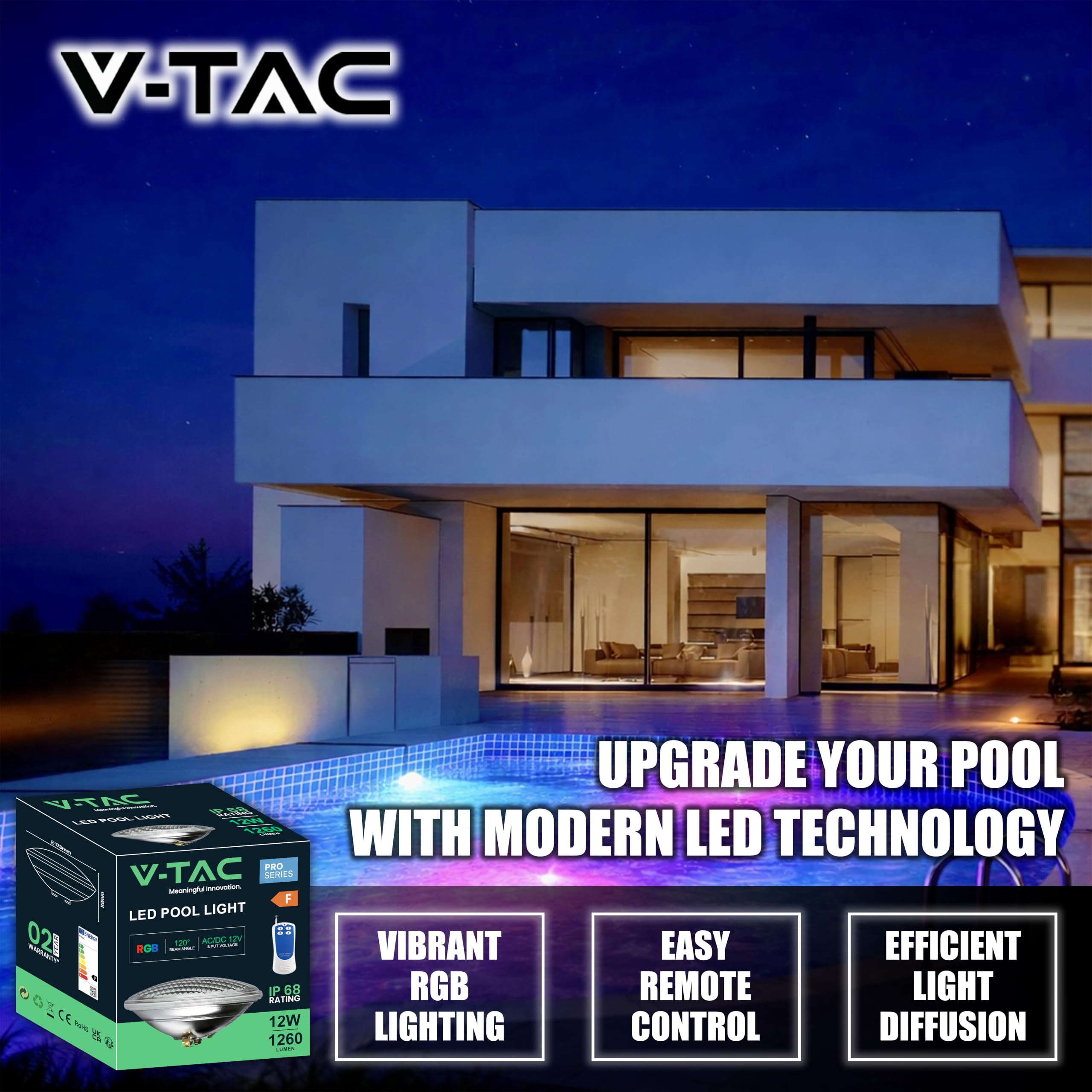 V-TAC Lampada Led da Piscina Multicolore RGB 12W - CON TELECOMANDO - PAR56 - Lampada Vetro Antiurto IP68 per Illuminazione Piscine e Fontane - 1260 Lumen - Luce Colorata Subacquea