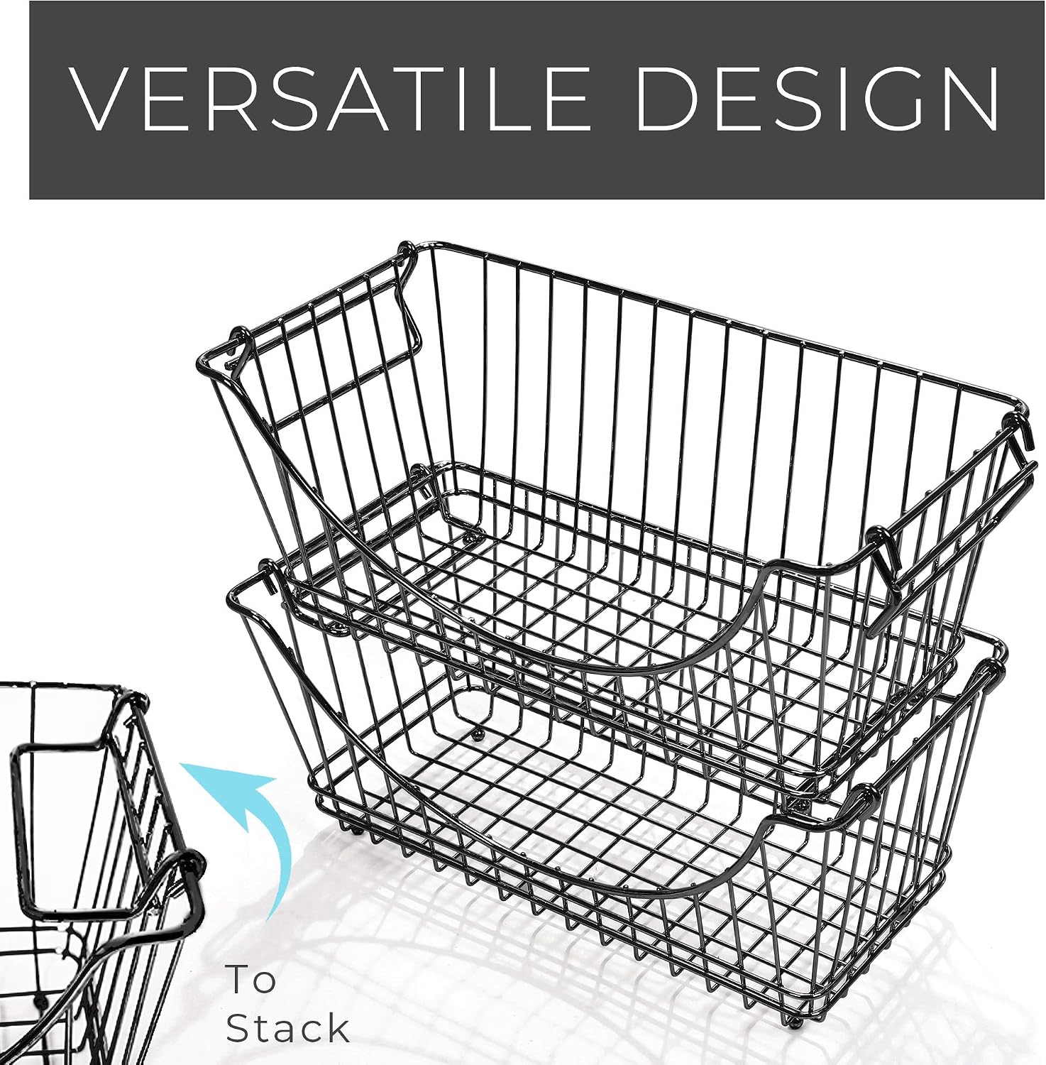 Smart Design Stacking Baskets with Handles - Set of 2 Medium - Steel Metal Wire - Fruit Produce & Vegetable Safe Storage Bin Organizer - Pantry Counter Stand Rack - Kitchen - 12.5 x 5.5 Inch - Black