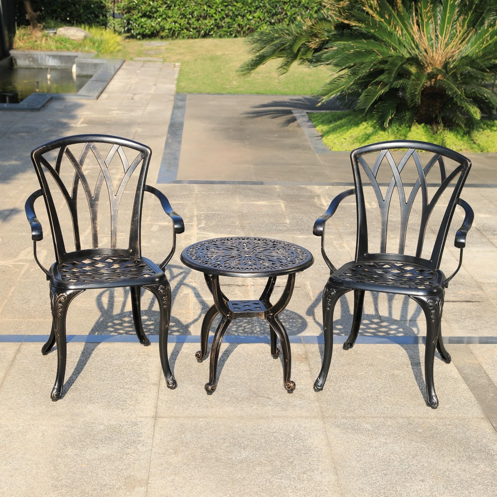 Lot de 2 chaises de jardin en fonte d'aluminium - Design roses - Style antique - Fauteuil en bronze antique
