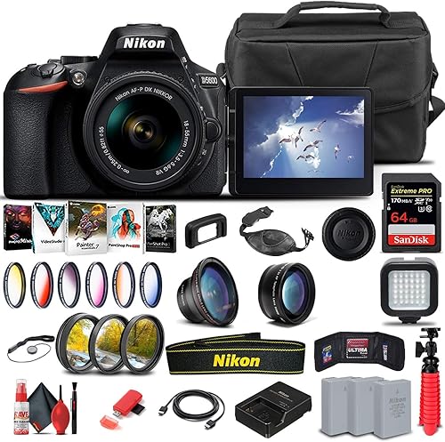 Nikon Cámara D5600 DSLR con lente de 0.709-2.165 in (1576) + tarjeta de memoria de 64 GB + funda + software Corel Photo + 2 baterías EN-EL14 A + luz