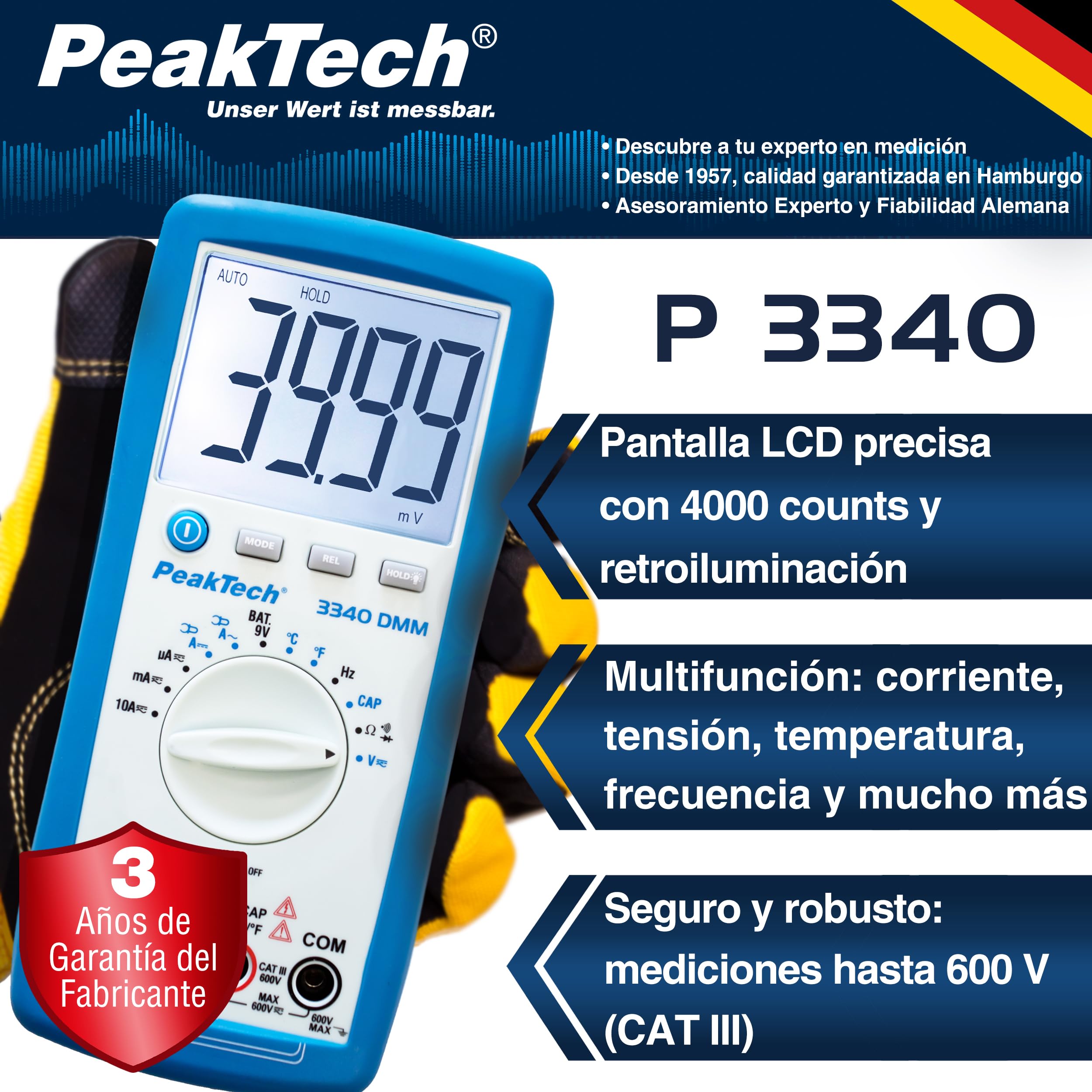 PeakTech 3340 – Multímetro digital RMS con pantalla LCD extra grande, 4000 cuentas, portátil, rango automático, retención de datos REL, medidor de voltaje, probador de continuidad - CAT III 600 V