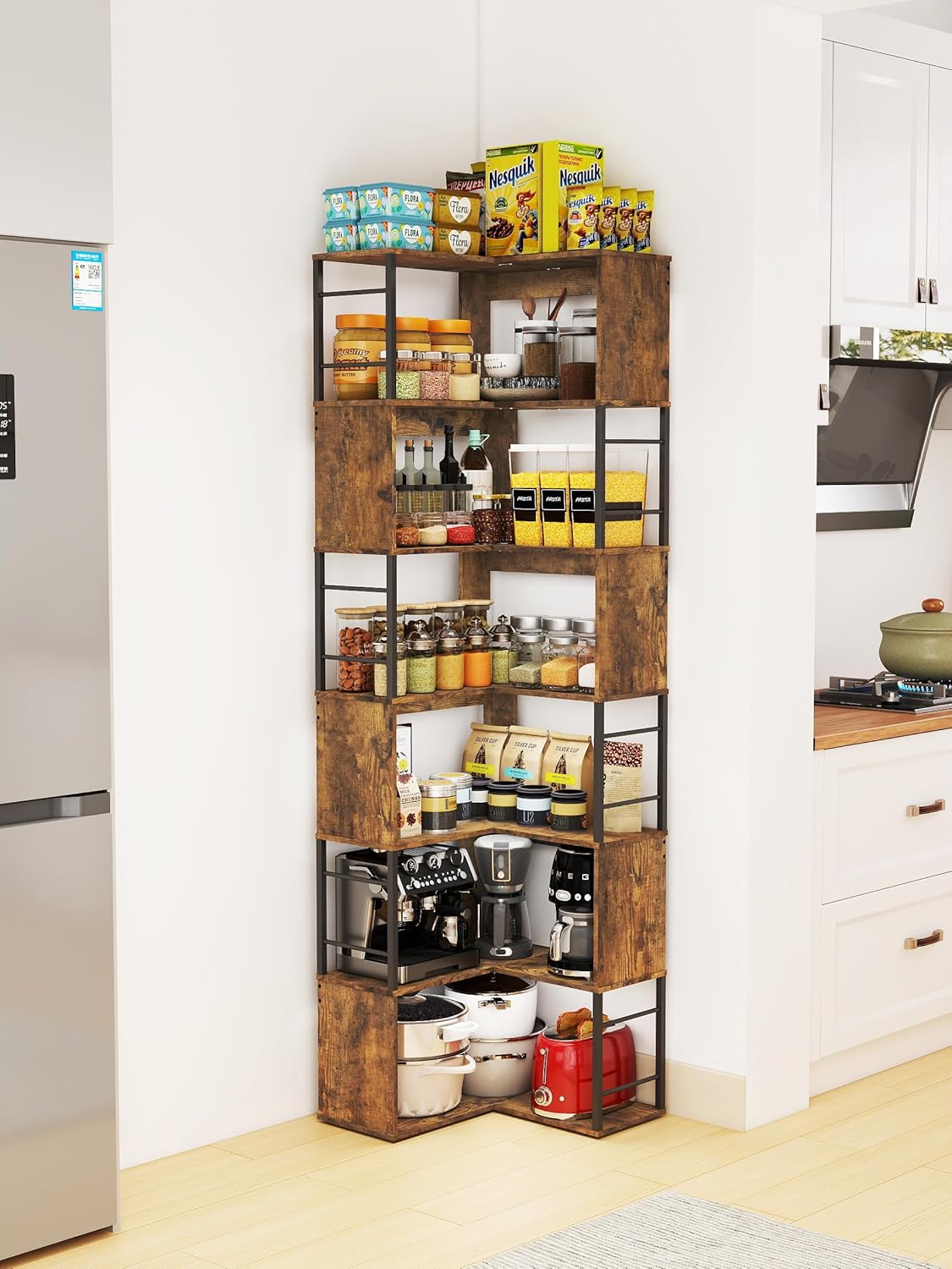 7-Tier Corner Bookshelf 73.6 Inches Tall Corner Bookcase Industrial Wood and Metal L Shaped Bookshelf Large Storage Display Rack for Living Room, Home Office, Rustic Brown