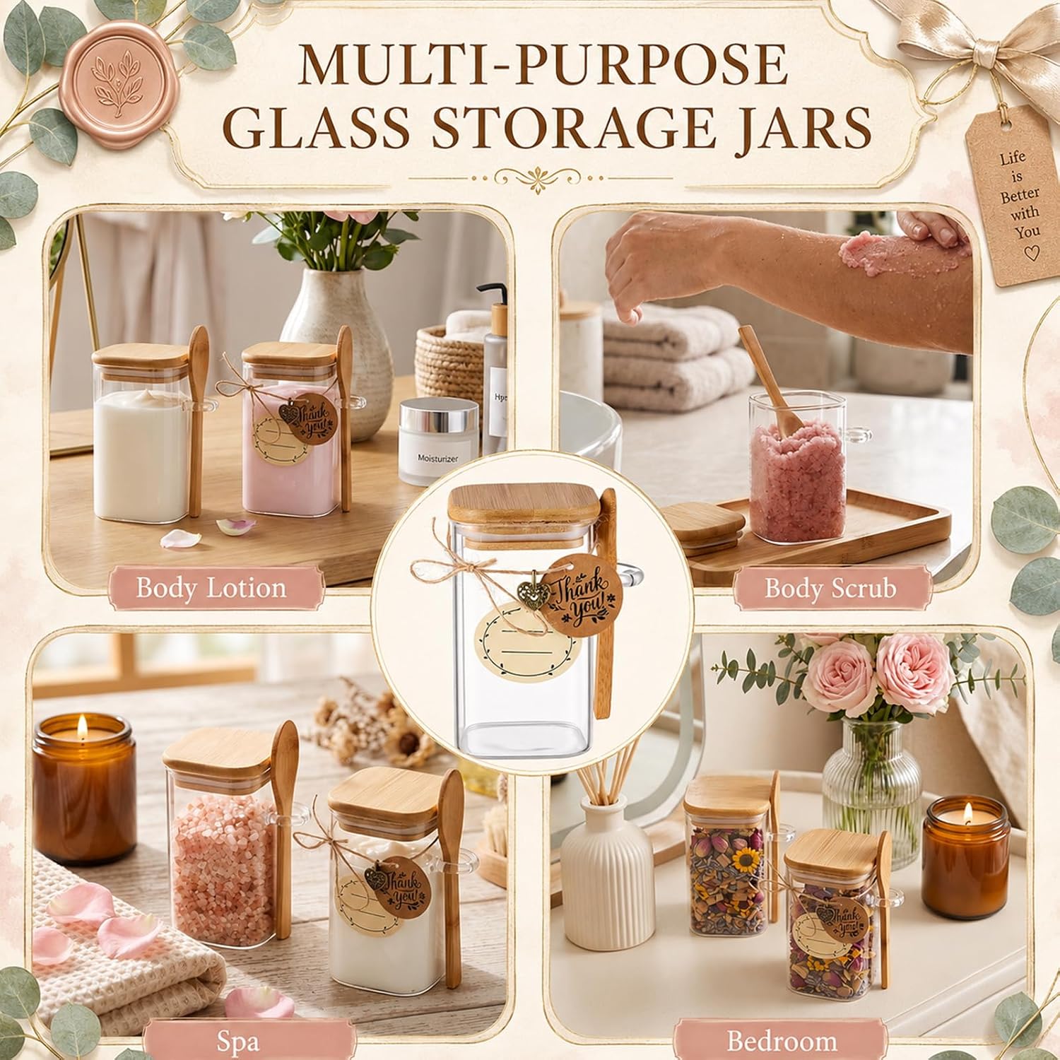 12 Set 10 oz Square Glass Body Butter Jars with Bamboo Lids and Spoons image 4