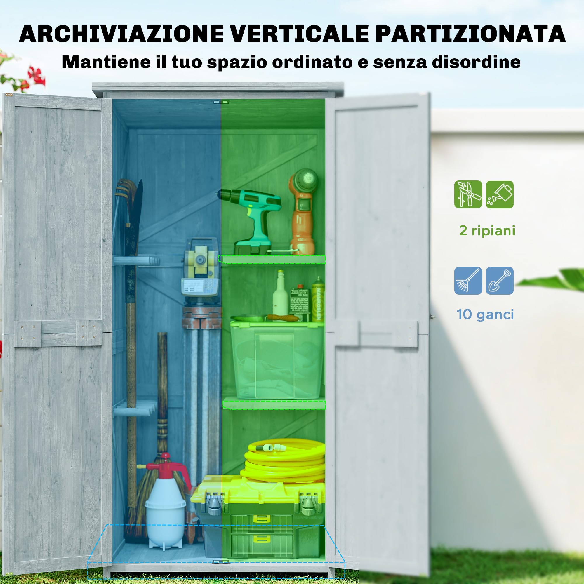 Outsunny Armadio da Giardino in Legno di Abete con Kit Antiribaltamento, Casetta Porta Attrezzi da Esterno con 2 Ante Bloccabili, 2 Ripiani, 10 Ganci, Tetto Inclinato Asfalto, 85x54x170 cm, Grigio