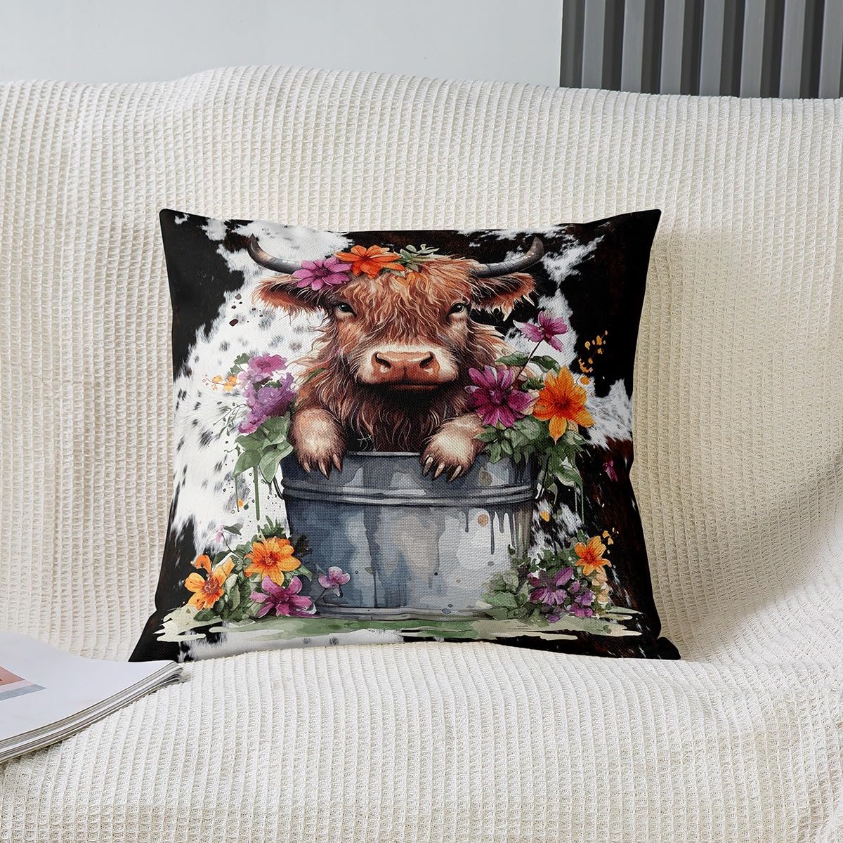 Federe Per Cuscino Waterclor 30x50 Cm | 2 Pezzi Con Stampa Mucca E Quadri Scozzesi