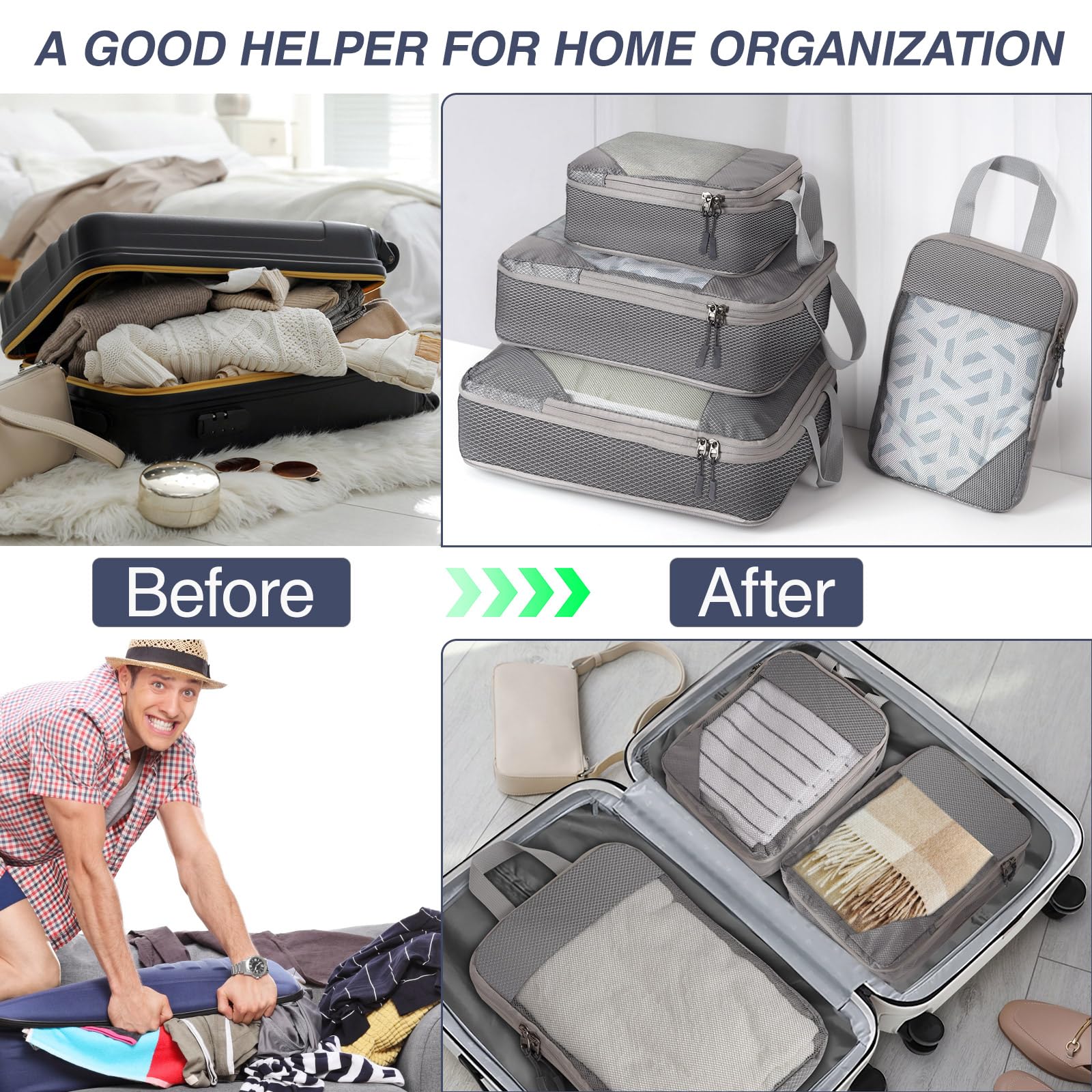 Set di 4 Organizer Valigia Compressione,Zip Packing Cubes Compression Organizer Valigie Salvaspazio Borsa da Viaggio in Rete