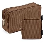 MAGEFY Makeup Bag for Purse, 2 Pcs Corduroy Cosmetic Bag for Girls Women Small Travel Makeup Pouch with Zipper(Brown)
