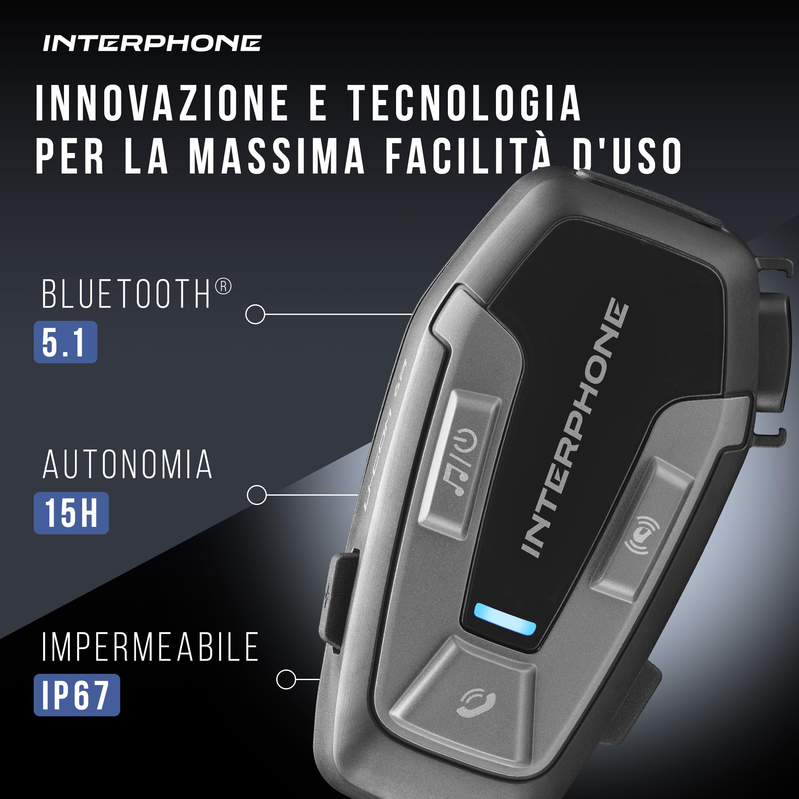 INTERPHONE U-Com6R Interfono Moto Bluetooth 5.2 Rimovibile Batteria 15 ore Autonomia 1 Km Compatibile TFT GPS Impermeabile Speaker 32mm