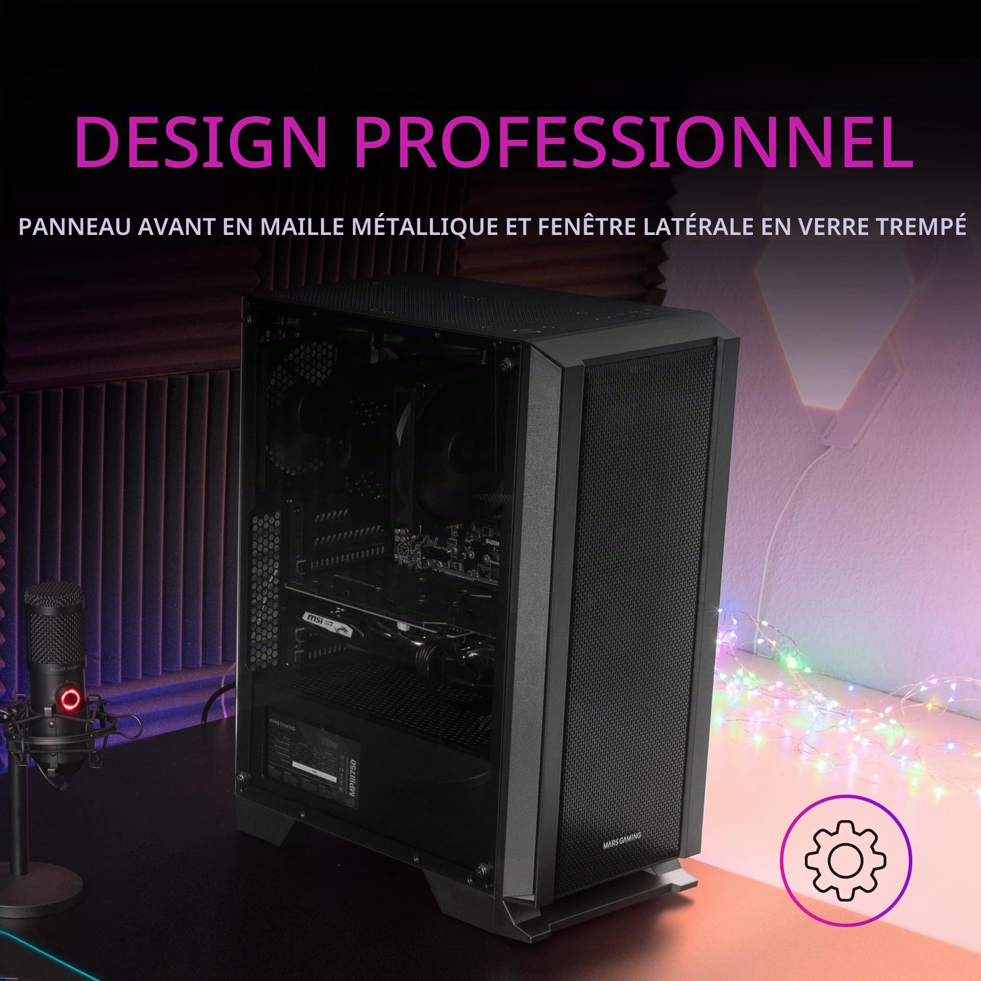Mars Gaming MC-Master, Boîtier PC ATX, Metal-Mesh Front Panel, Verre Trempé, 4 Ventilateurs Ultra-Silencieux 120mm, Noir