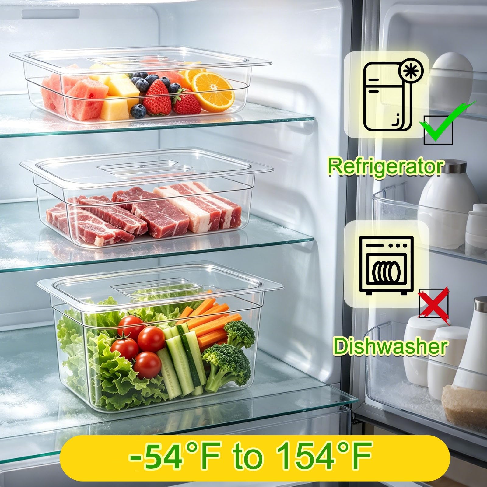 Confezione da 6 teglie per alimenti in plastica profonde da 15,2 cm, con coperchio, in policarbonato, per ristoranti, commerciali, impilabili, trasparenti, con coperchio, per frutta, verdura