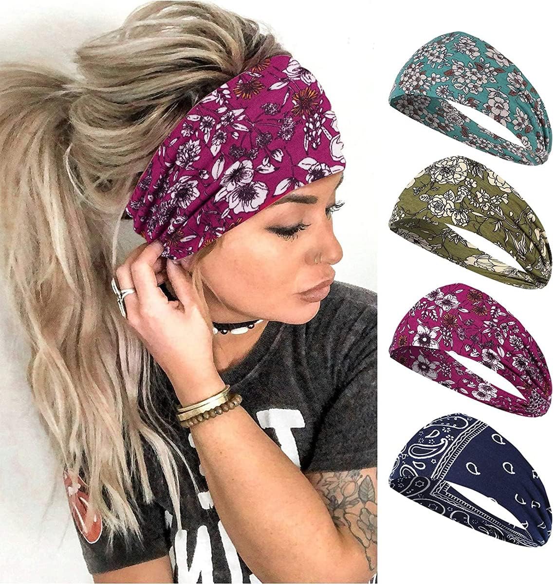 Proberos® Wide Headbands for Women, Boho Bandeau Head Bands, Workout Head Wraps, Stretch No Slip Hair Wraps Pack of 4 (Gorgeous)