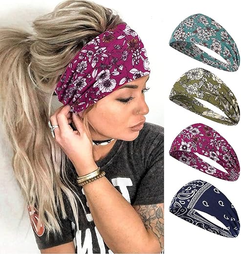 PROBEROS Wide Headband for Women, Boho Stretch Stay Put Hair Wrap Pack of 4 | Sweatband Comfort, Keeps Hair Back During Ac...