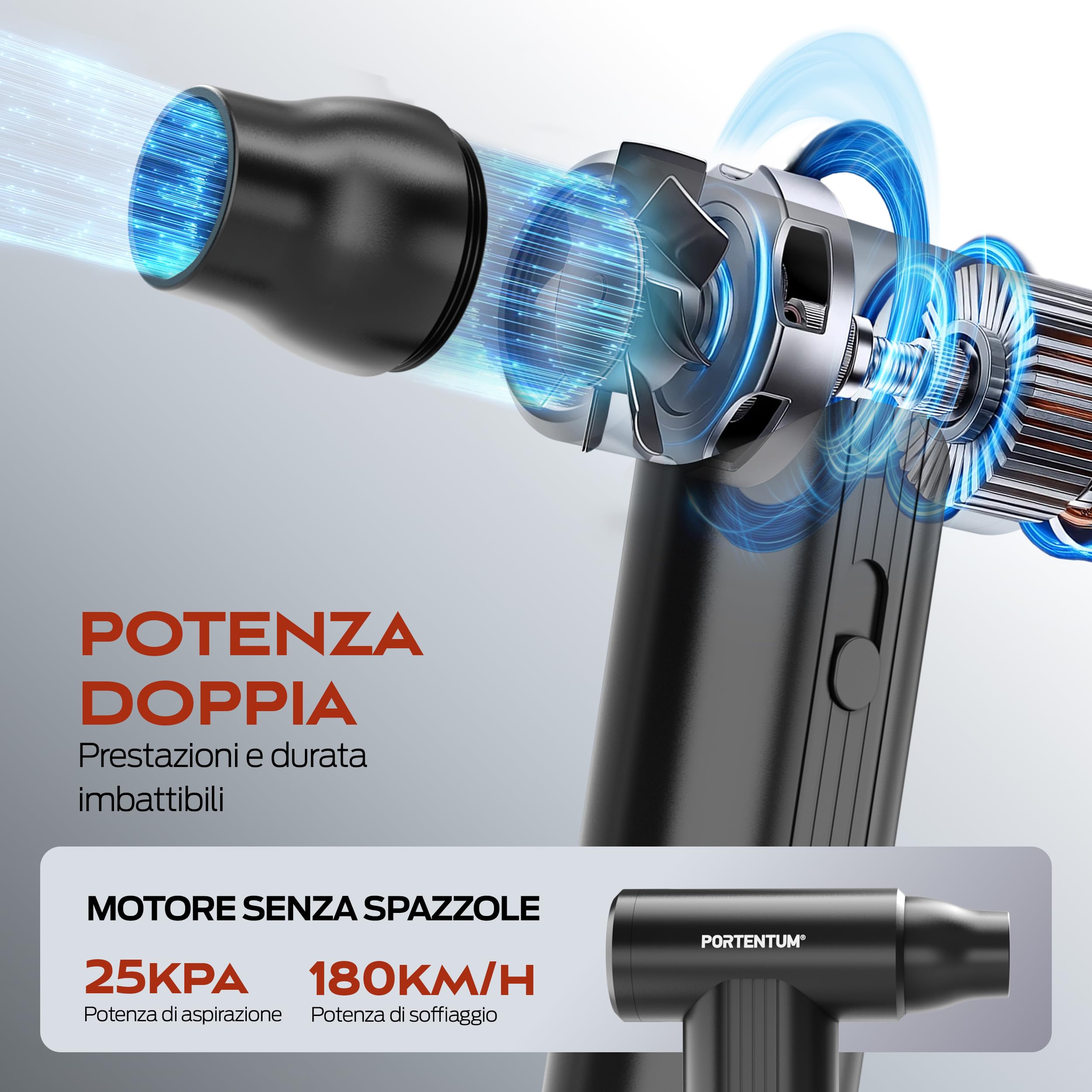 PORTENTUM 2 in 1 Mini Aspirabriciole senza fili 25 kPa – Batteria 10000 mAh fino a 135 min USB-C – Aria compressa elettrico 180 km/h brushless – Aspirapolvere auto a velocità regolabile – Set da 11