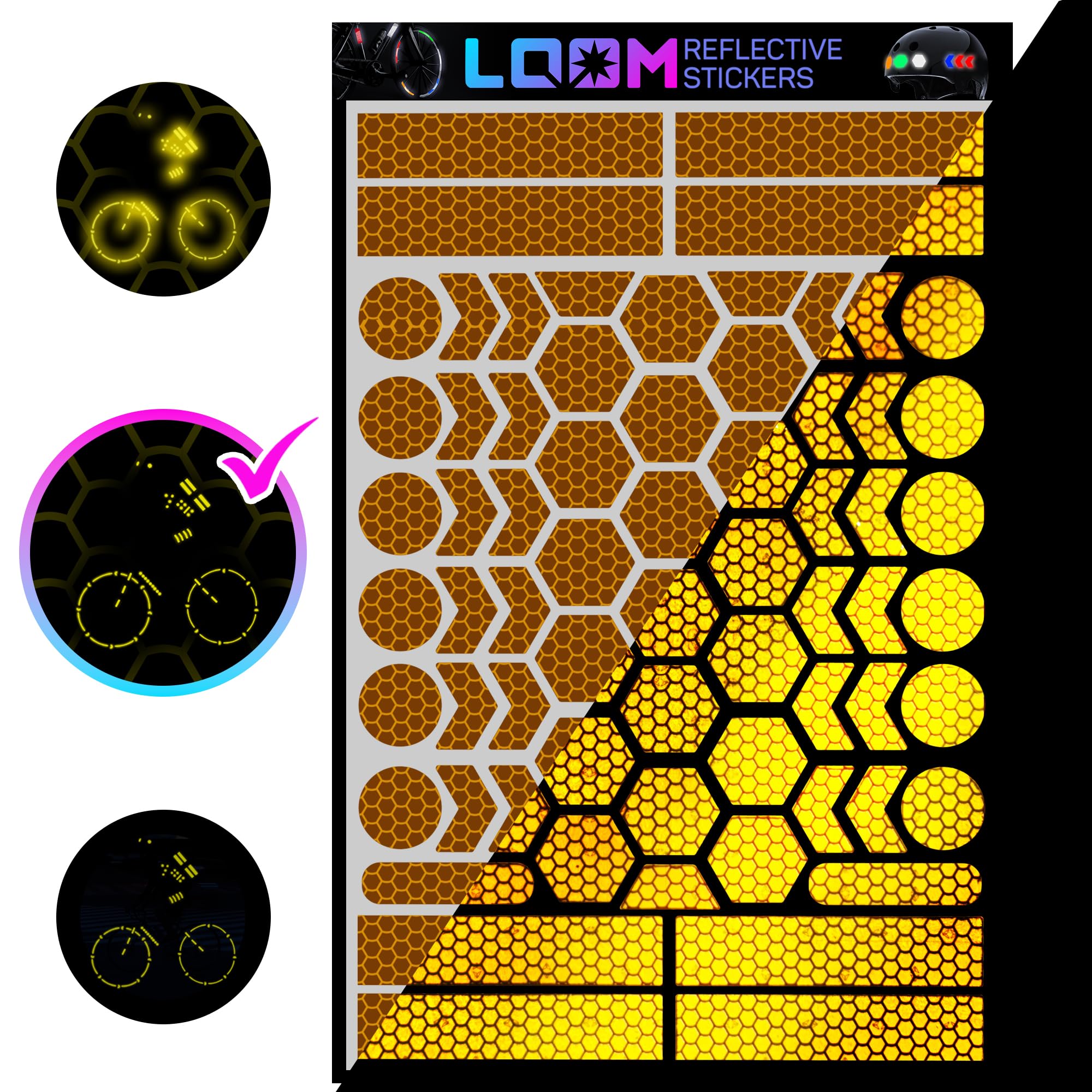 LOOM Fahrrad Reflektoren Aufkleber Set | 67 stk Prismatic Gelb | German Oralite Qualität | Reflektoren fahrrad | Wasserdicht | Für Helm, Auto, Anhänger, Reflektoren schulranzen kinder