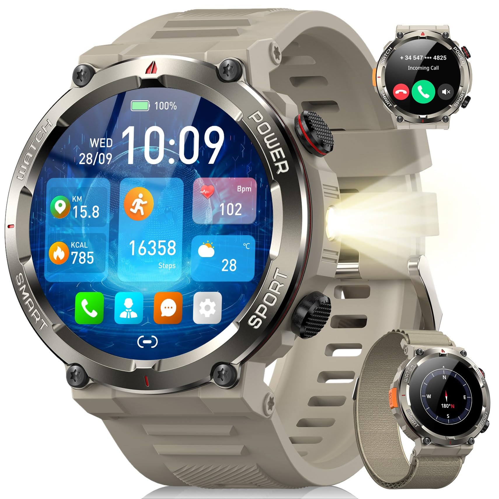 Blackview Men's Smart Watch with Flashlight and Compass, 1.45 Inch Smartwatch with Bluetooth Calls, Heart Rate Monitor, Oximeter, Sleep Monitor, Pedometer, 100+ Sports Modes, Large Battery 960 mAh