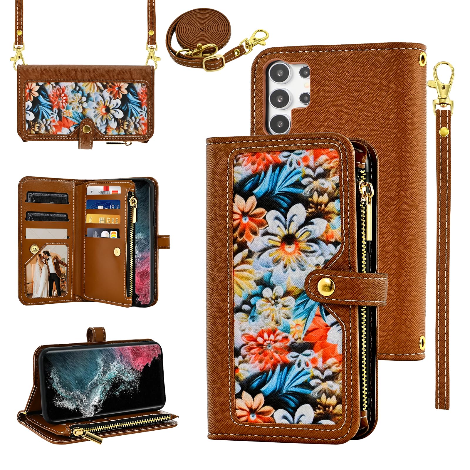 Furiet Floral Wallet Case for Samsung Galaxy S22 Ultra 5G with Wrist Strap Shoulder Strap Flip Zipper Purse, Luxury PU Leather Card Holder Stand Phone
