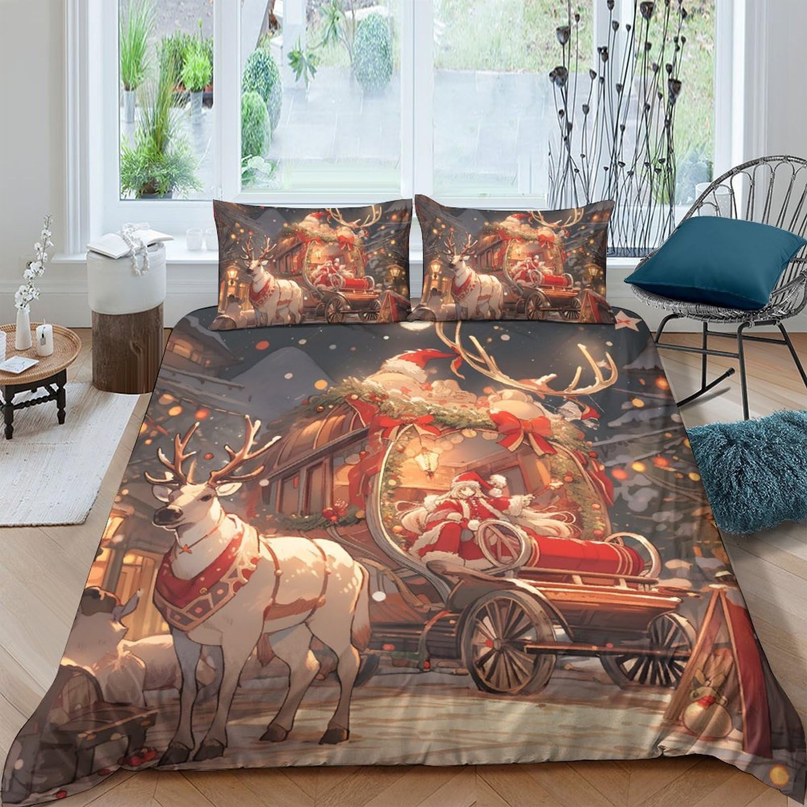 Ctjqhvkz Style-10 3D Printed Christmas Santa Sleigh Fitted Sheet Microfiber Soft Reindeer Bed Cover For Bedroom Guest Room Decor Single（135X200cm）