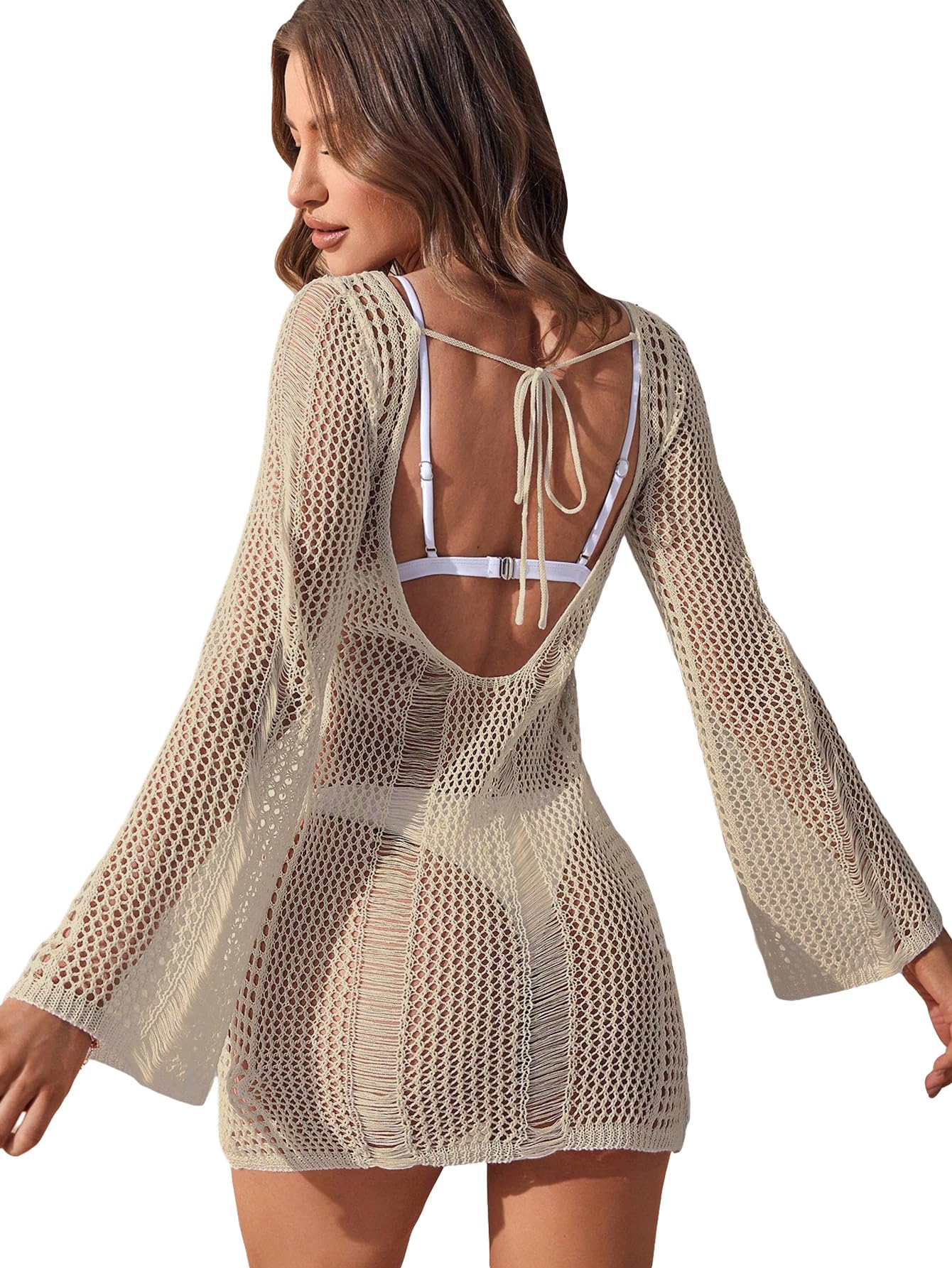 COZYEASE Women's Long Sleeve Backless Knitted Cover Up Swimsuit Hollow Out Crochet Swimwear Beach Dress