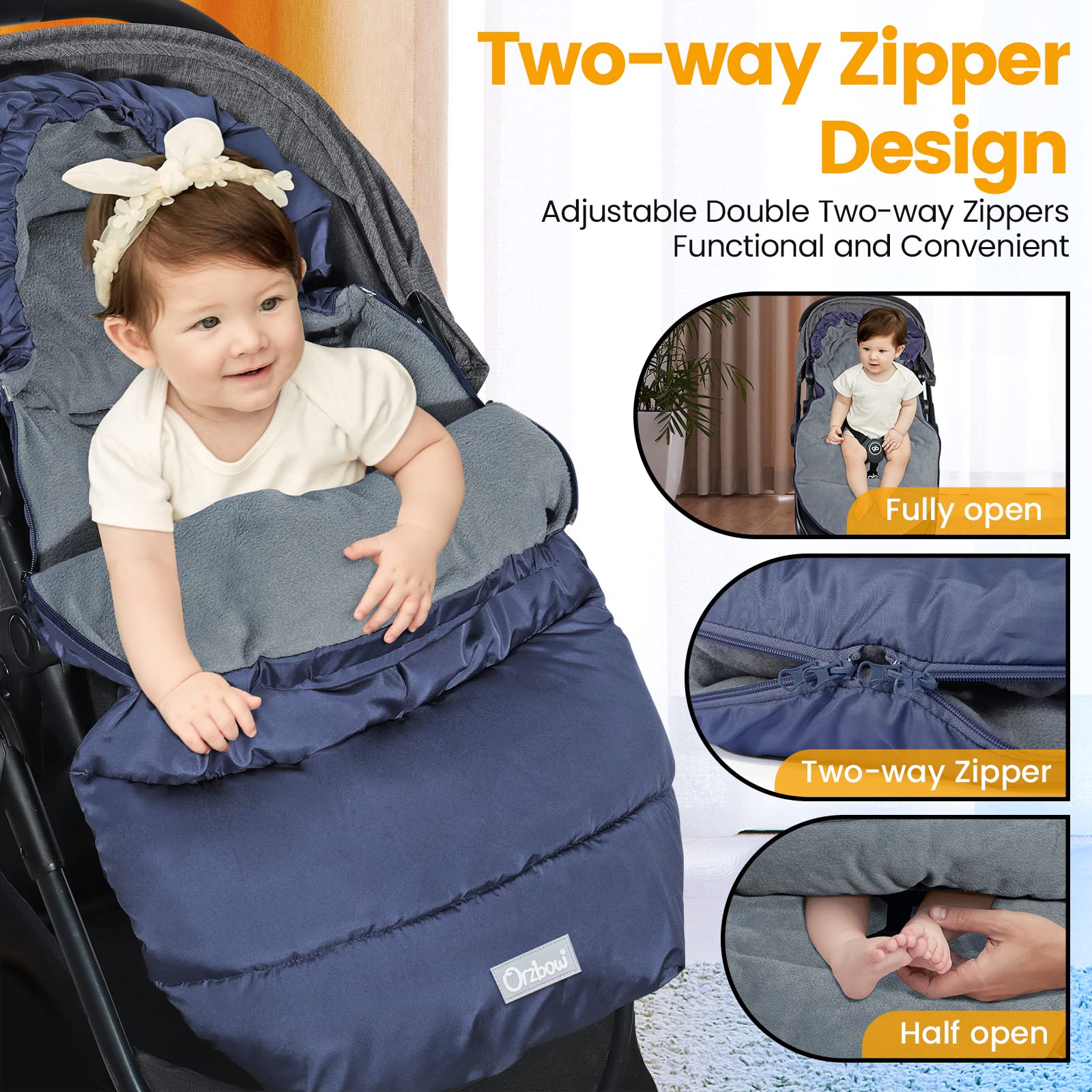 Orzbow Sacco Invernale Passeggino Universale, Coprigambe Passeggino Universale Sacco Termico Passeggino Invernale con Cerniera, Pile, Impermeabile & Staccabile, Lavabile in Lavatrice, Blu