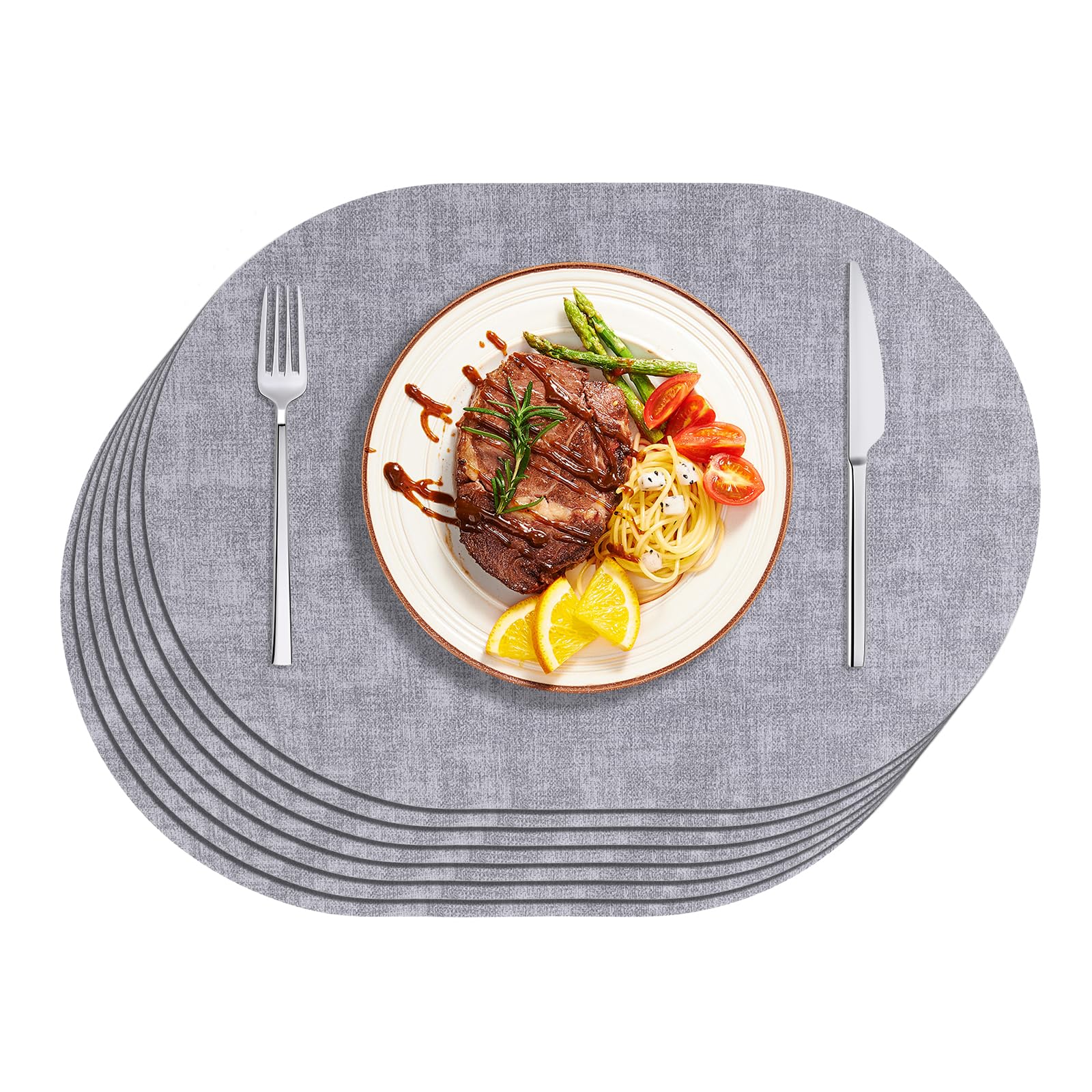 Minicoco Placemats Sets of 6, PU Leather Table Mats for Dining,Heat Resistant Non Slip Washable Place Mats for Table, Indoor Outdoor Kitchen Decor,43 × 30 cm (Grey)