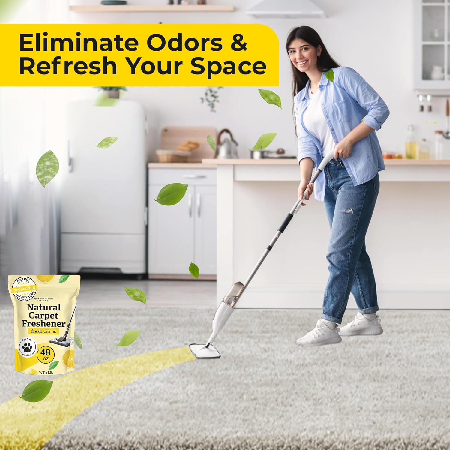 Aromasong Dishwasher Salt 5 LB & Citrus Carpet Deodorizer 48 oz – Dual Home Care Bundle, Softens Water for Spot-Free Dishes, Natural Odor Eliminator for Carpets & Rugs