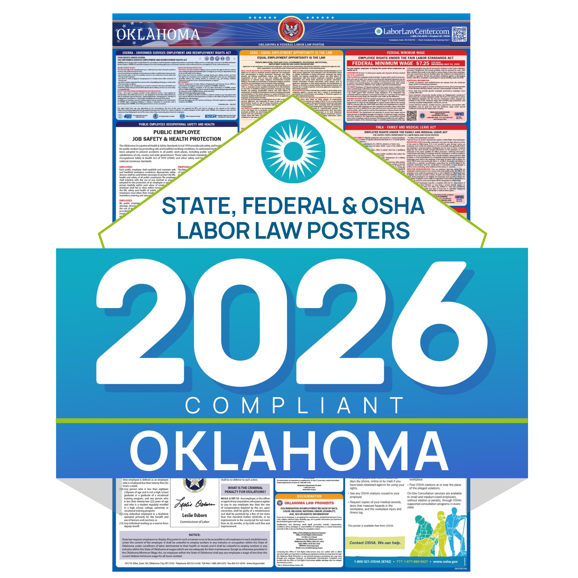 2026 Oklahoma Labor Law Poster – State & Federal Compliance in Spanish – OSHA, EEOC, FMLA, Minimum Wage – Durable, Laminated & Waterproof Workplace