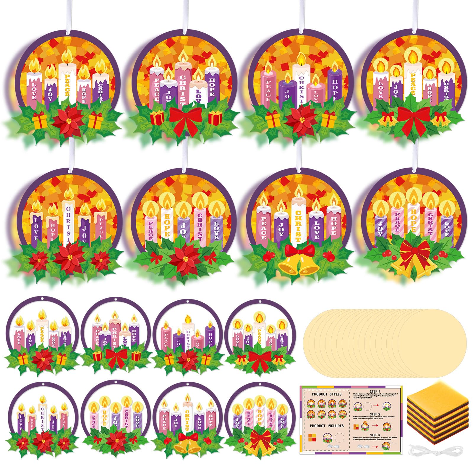 Tinlade 32 Set Christmas Advent Wreath Craft Kit Religious Advent Candle Suncatchers Crafts DIY Tissue Paper Hanging Ornaments Decor Peace Hope Suncatcher Arts Christmas Home School Church Activities — image 1