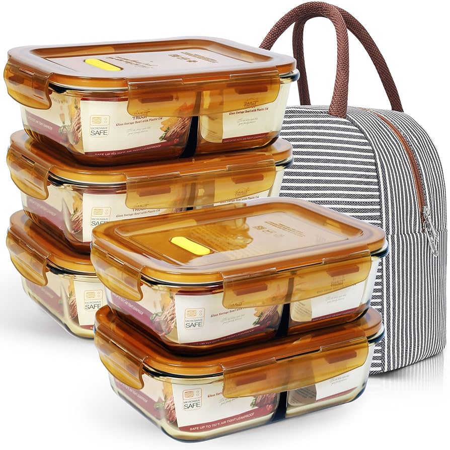DAS TRUST 5 Pack 36oz Amber Food Storage Containers 2 Compartments Glass Meal Prep Containers with Lids Lunch Containers Adult Food Prep with Dividers