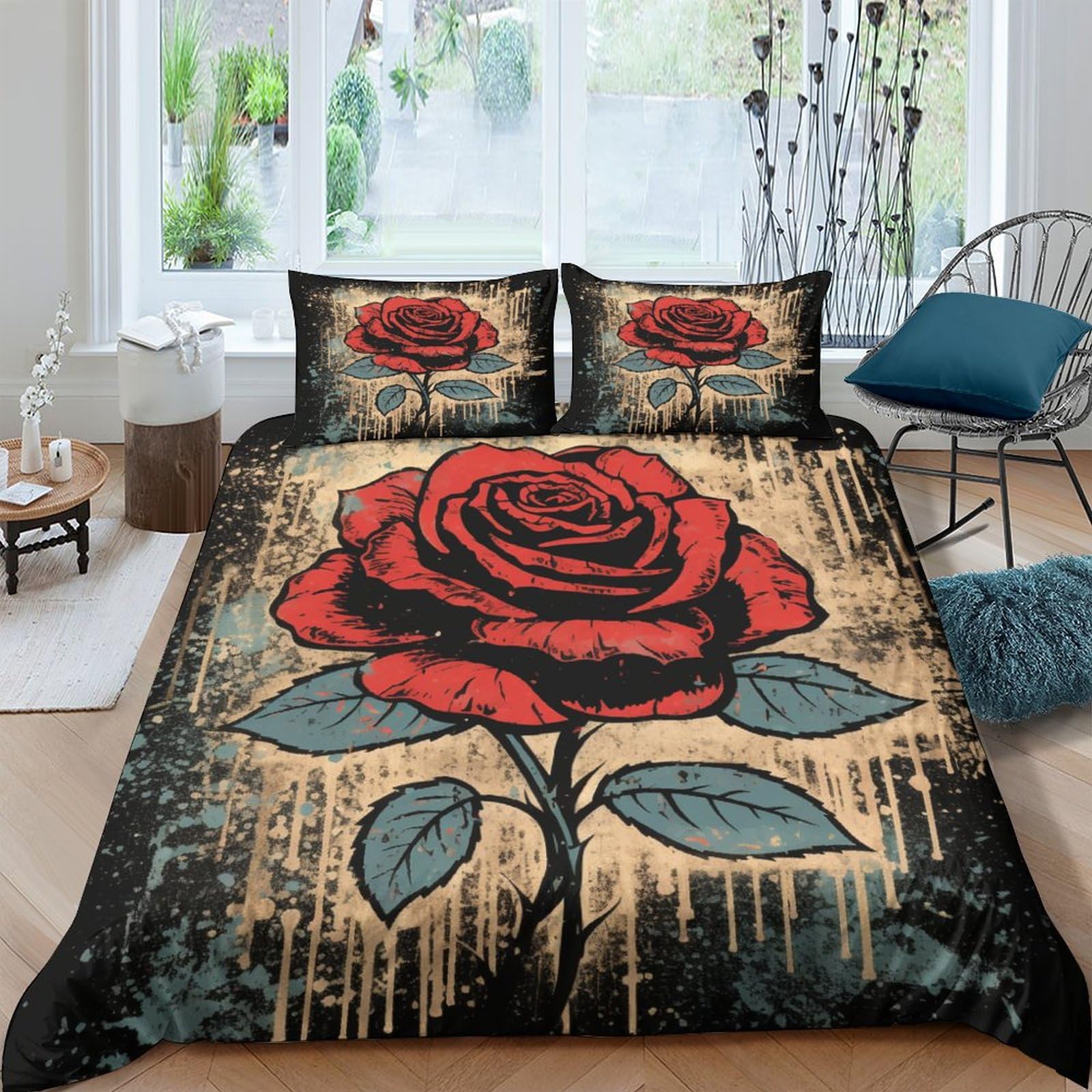 Housse de couette King 220x240cm en microfibre 3D roses anciennes avec 2 taies d'oreiller