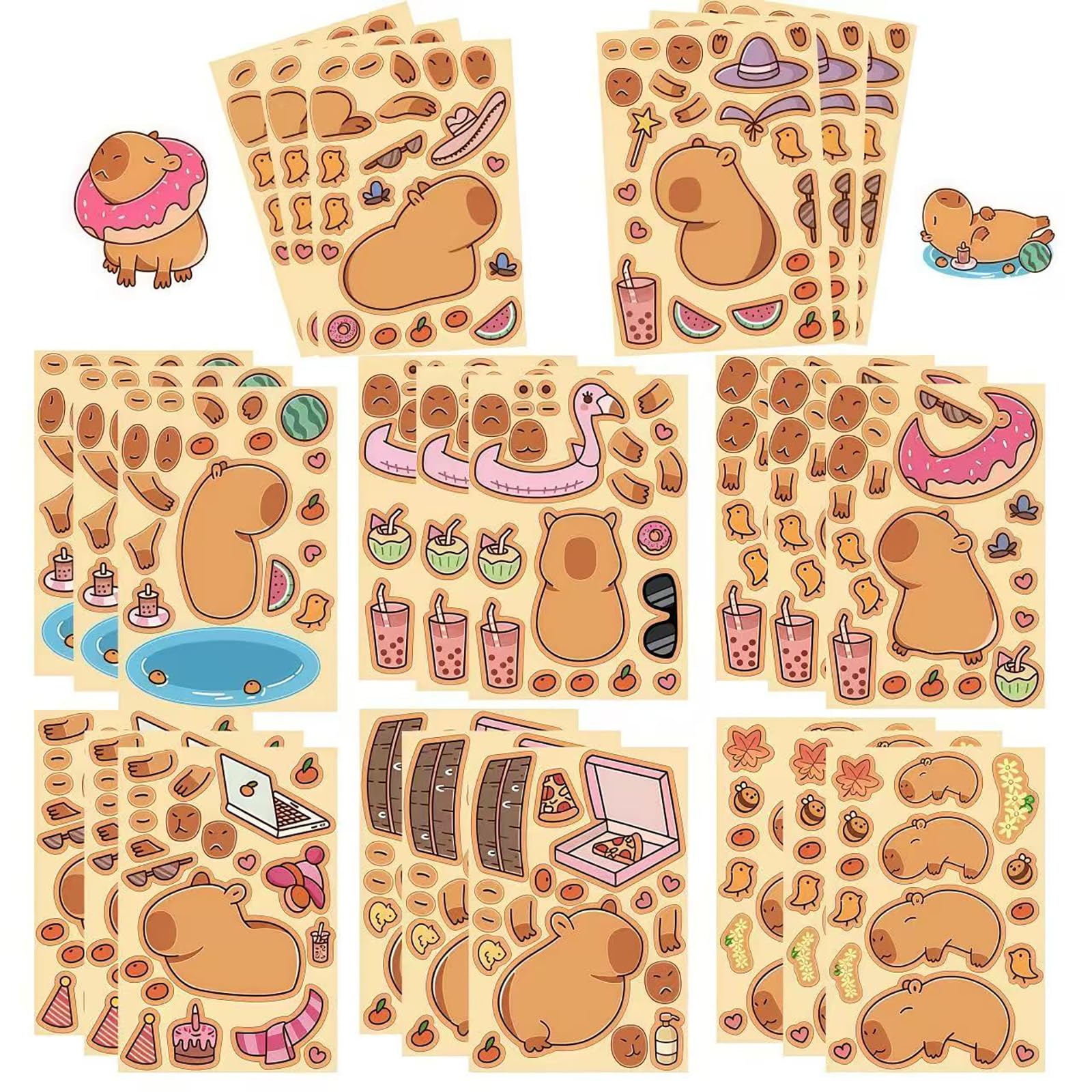 Capybara Sticker,24 Sheets Make a face Animal Stickers,Cute Kawaii Vinyl Animal Decals Make Your Own DIY Stickers for Kids Goodie Bag Stuffers Waterproof and Reusable Stickers for handcrafts