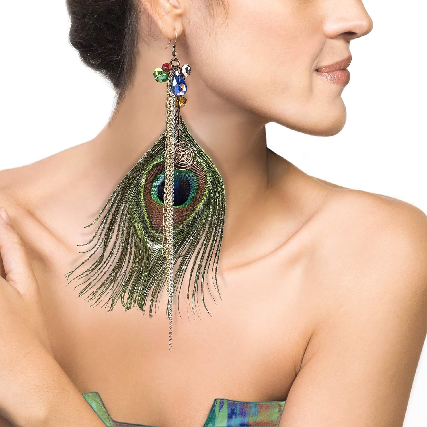 Striking Peacock Feather Statement Crystal Accented Earrings
